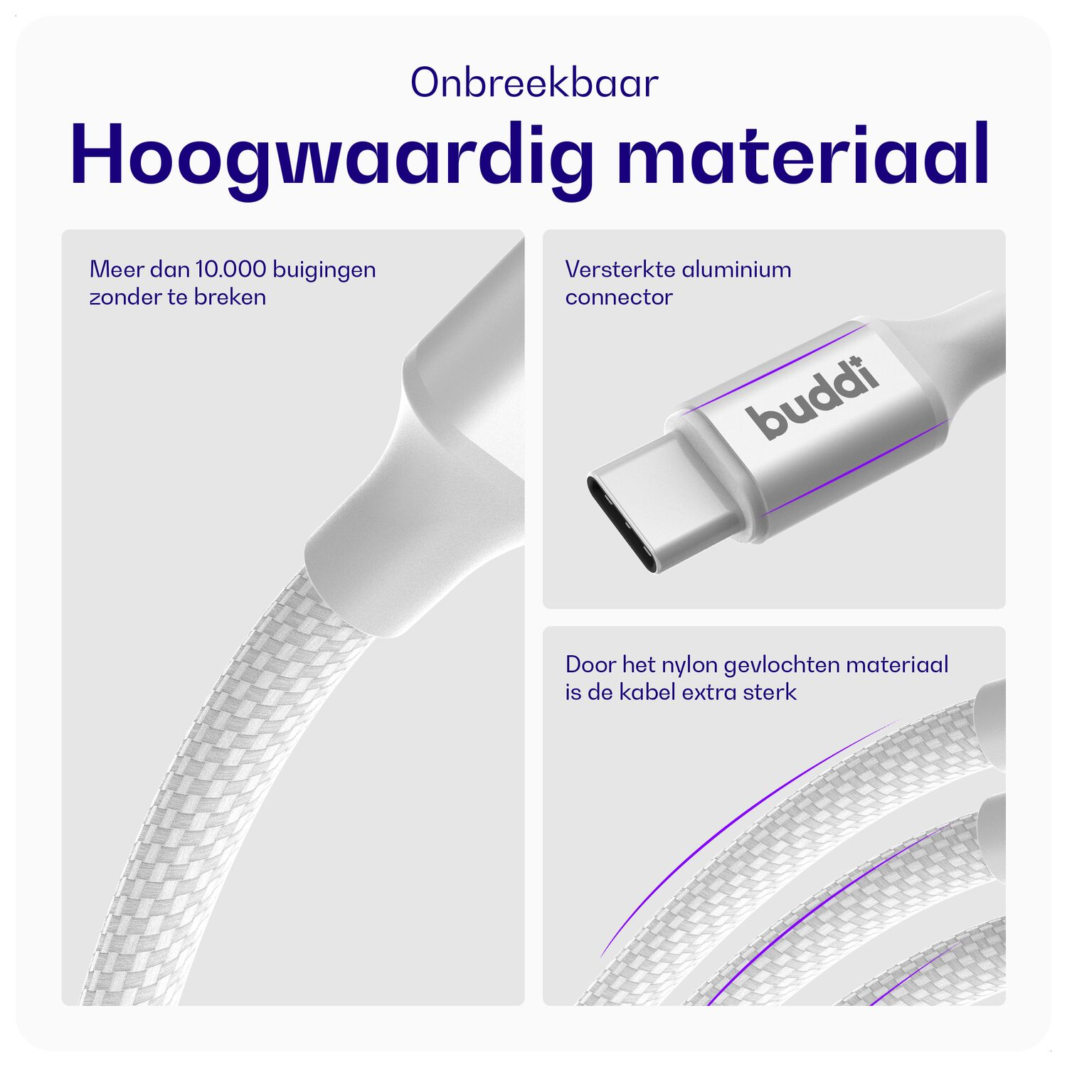 Hoogwaardig materiaal: Kabel met aluminium connector, 10.000 buigingen, sterk nylon.
