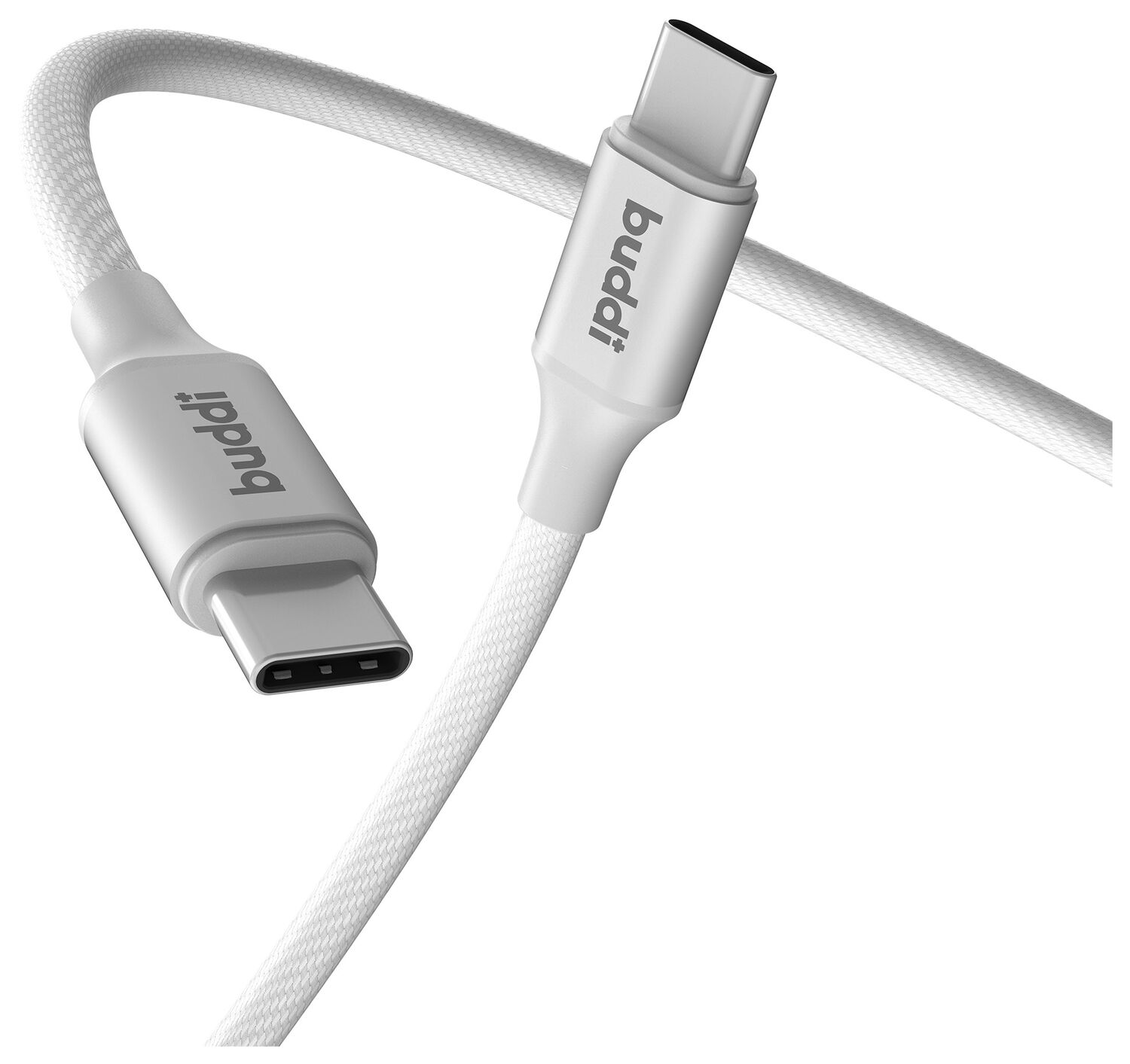 Witte Buddi USB-C kabel met gevlochten textuur en zilveren connectoren.