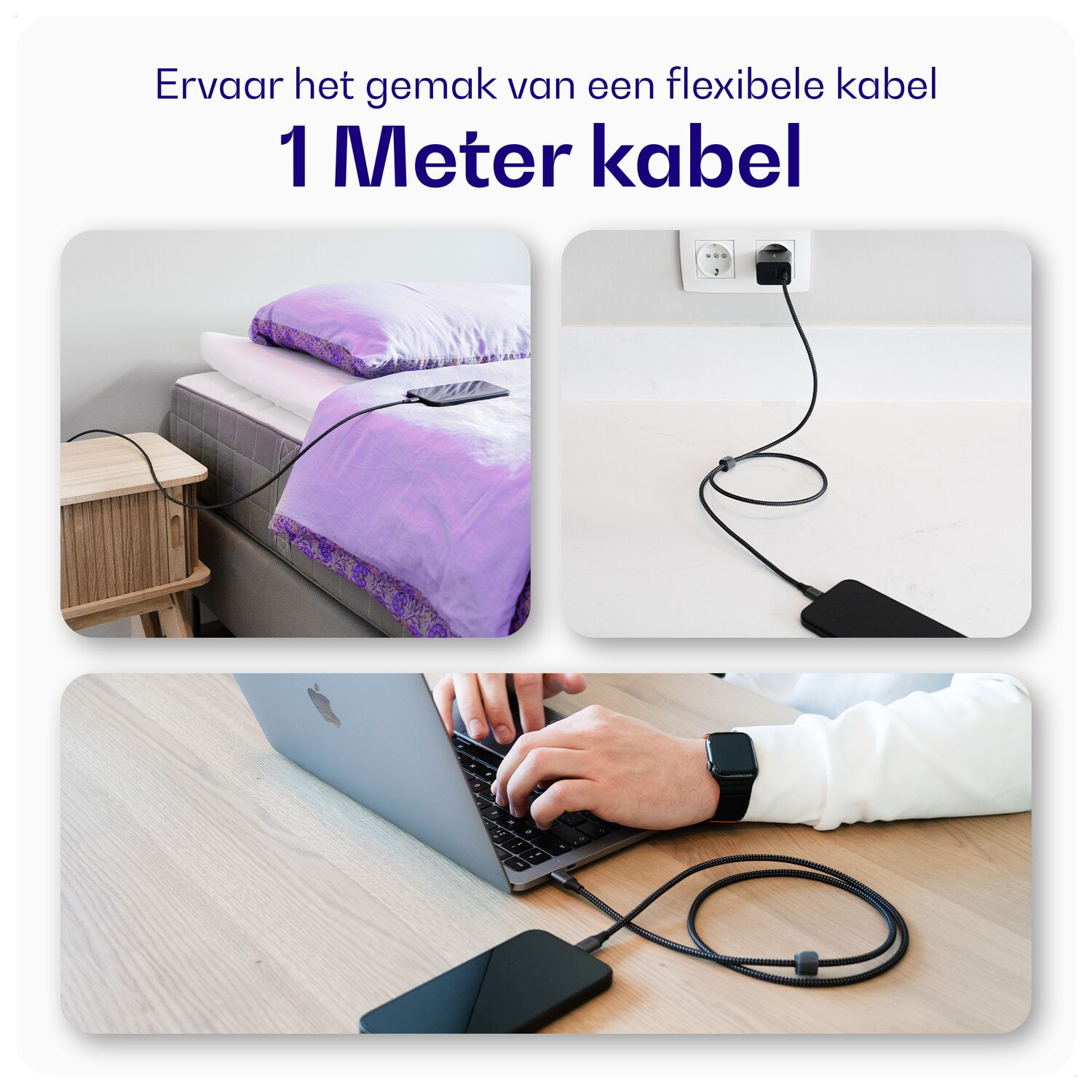 Een oplaadkabel wordt gebruikt om een telefoon naast een bed, in een stopcontact en aan een laptop op te laden.