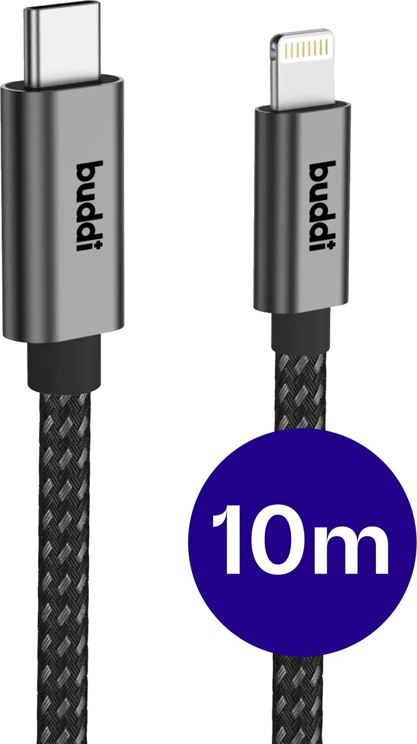 Twee oplaadkabels met USB-C en Lightning-connector, 10m lang.