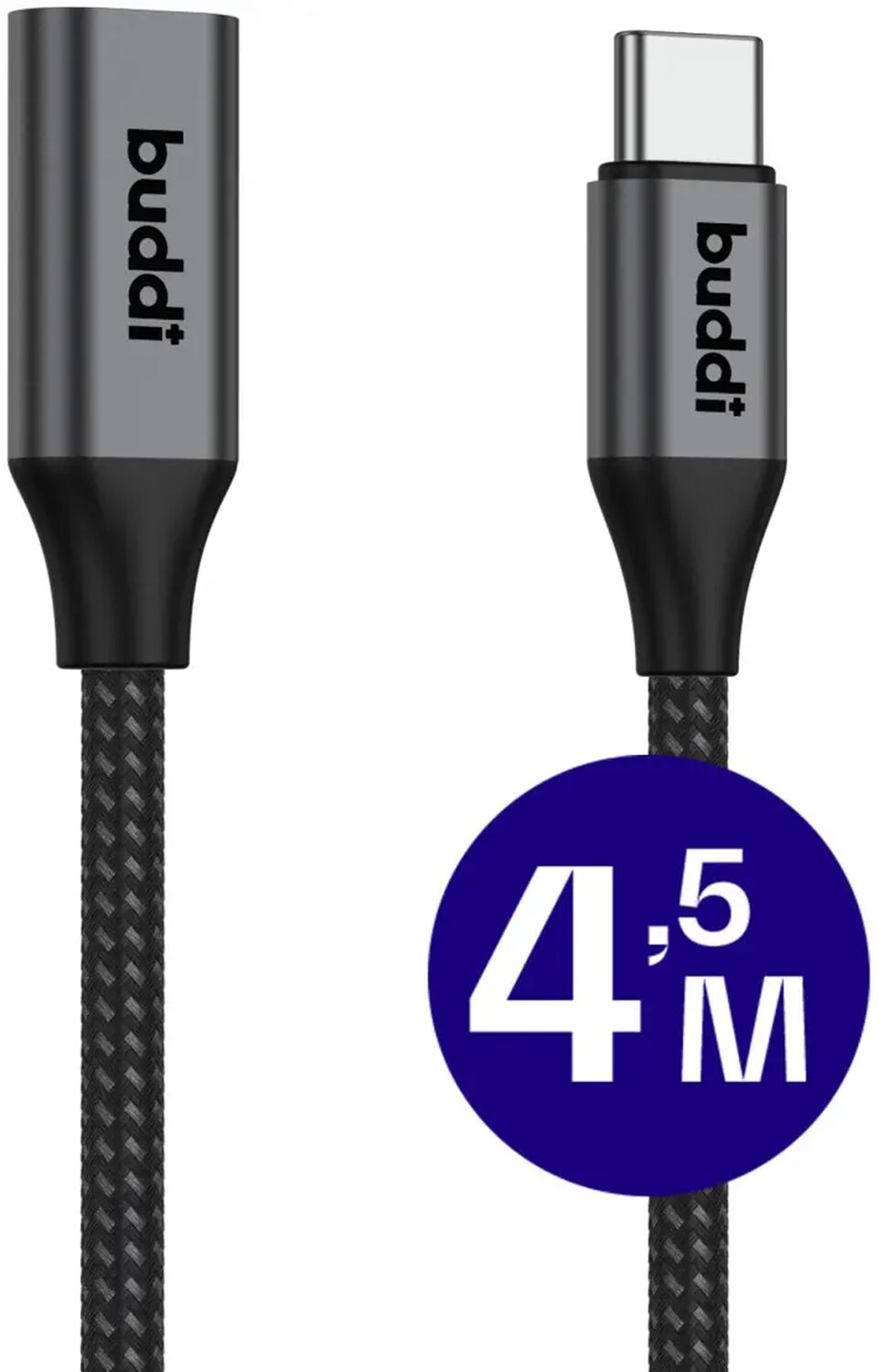 Grijze USB-C kabel van 4,5m lengte met zwarte vlecht.