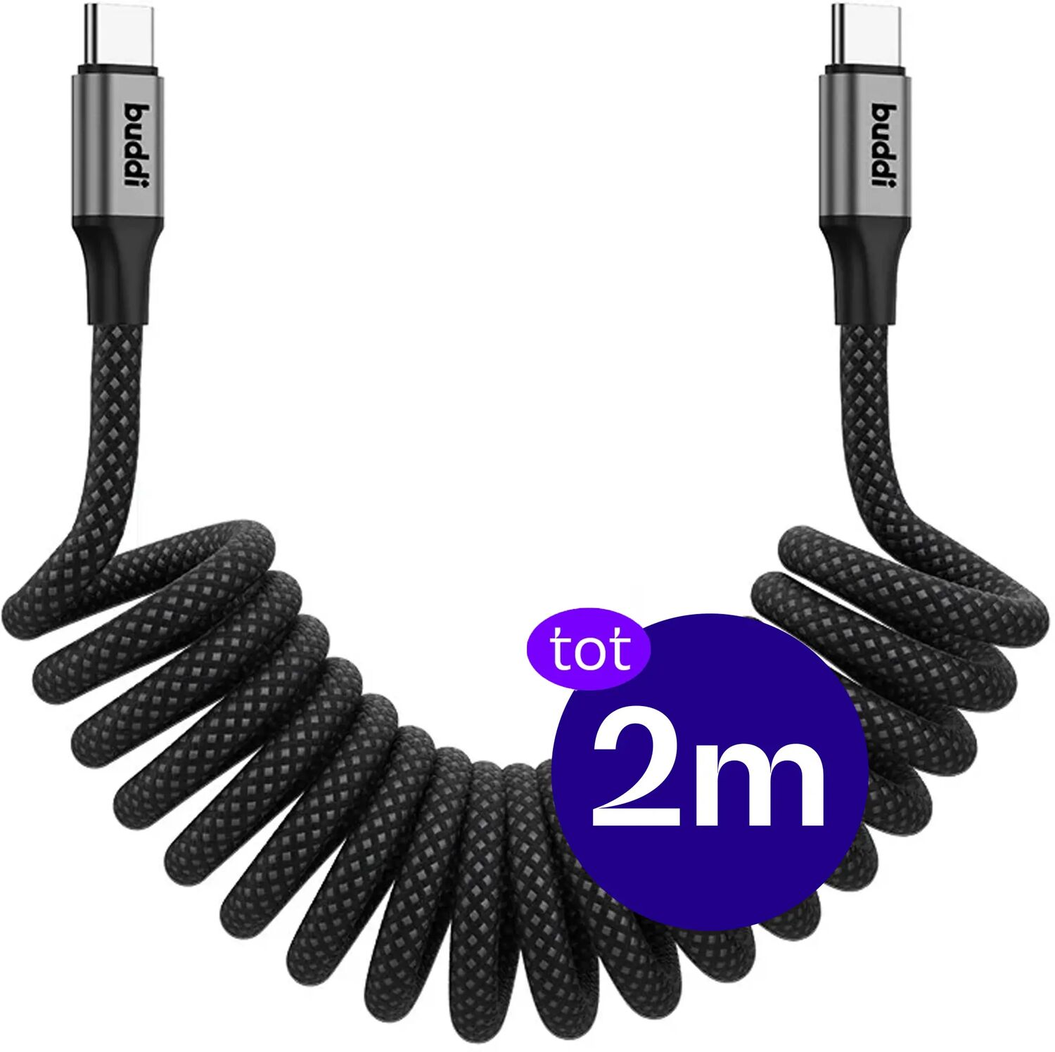 Zwarte spiraalkabel met USB-C connectoren, gemarkeerd 2m.