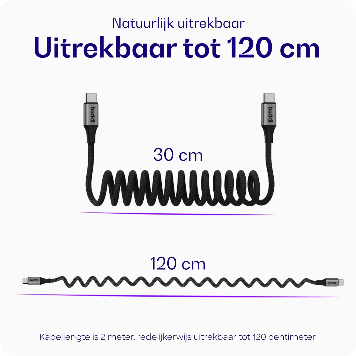 Zwarte USB-C kabel getoond opgerold en uitgerekt, 30 cm en 120 cm.