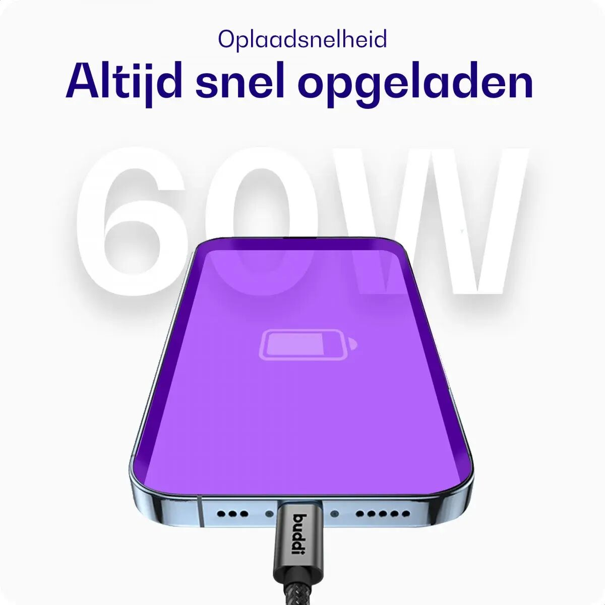 Een paarse smartphone laadt snel op met een 60W-oplader. Batterij-icoon zichtbaar.