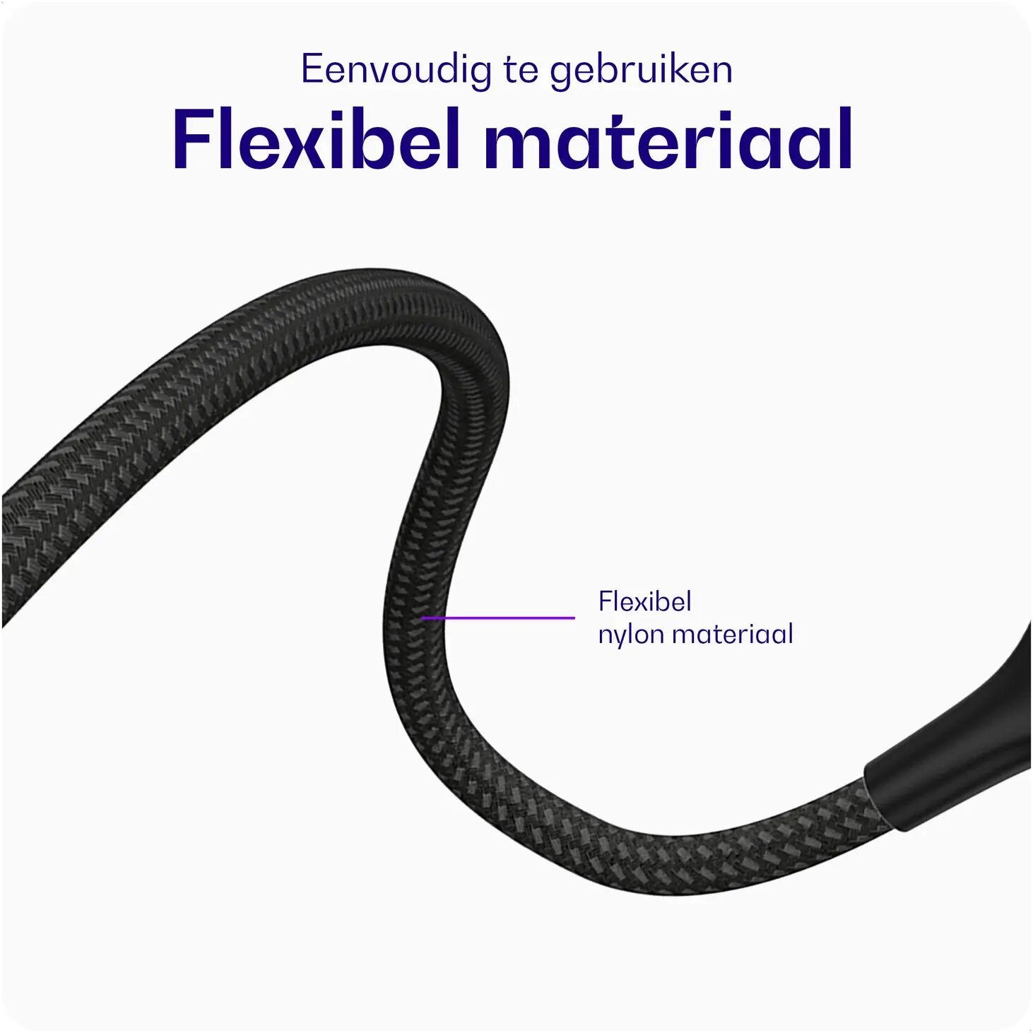 Black, flexible nylon braided cable with text.