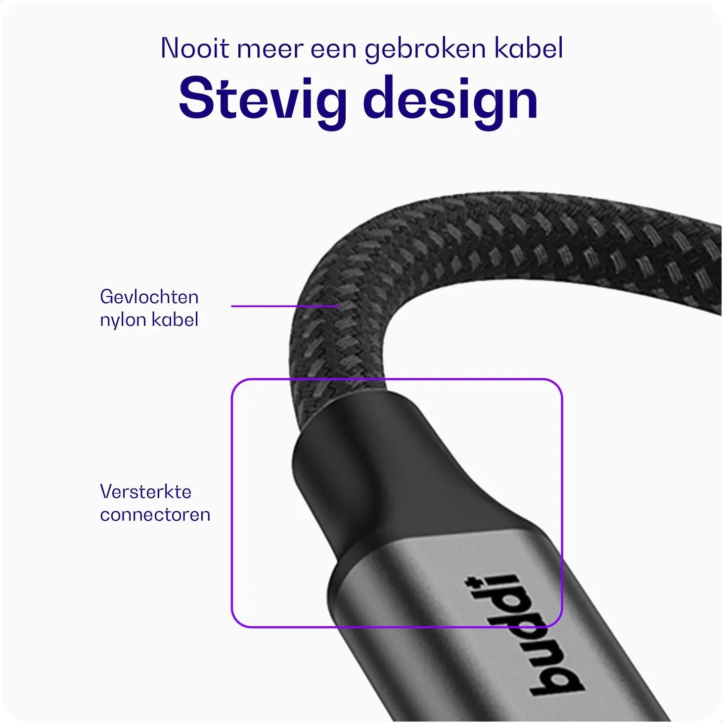 Braided cable with reinforced connectors and 'buddi' logo.