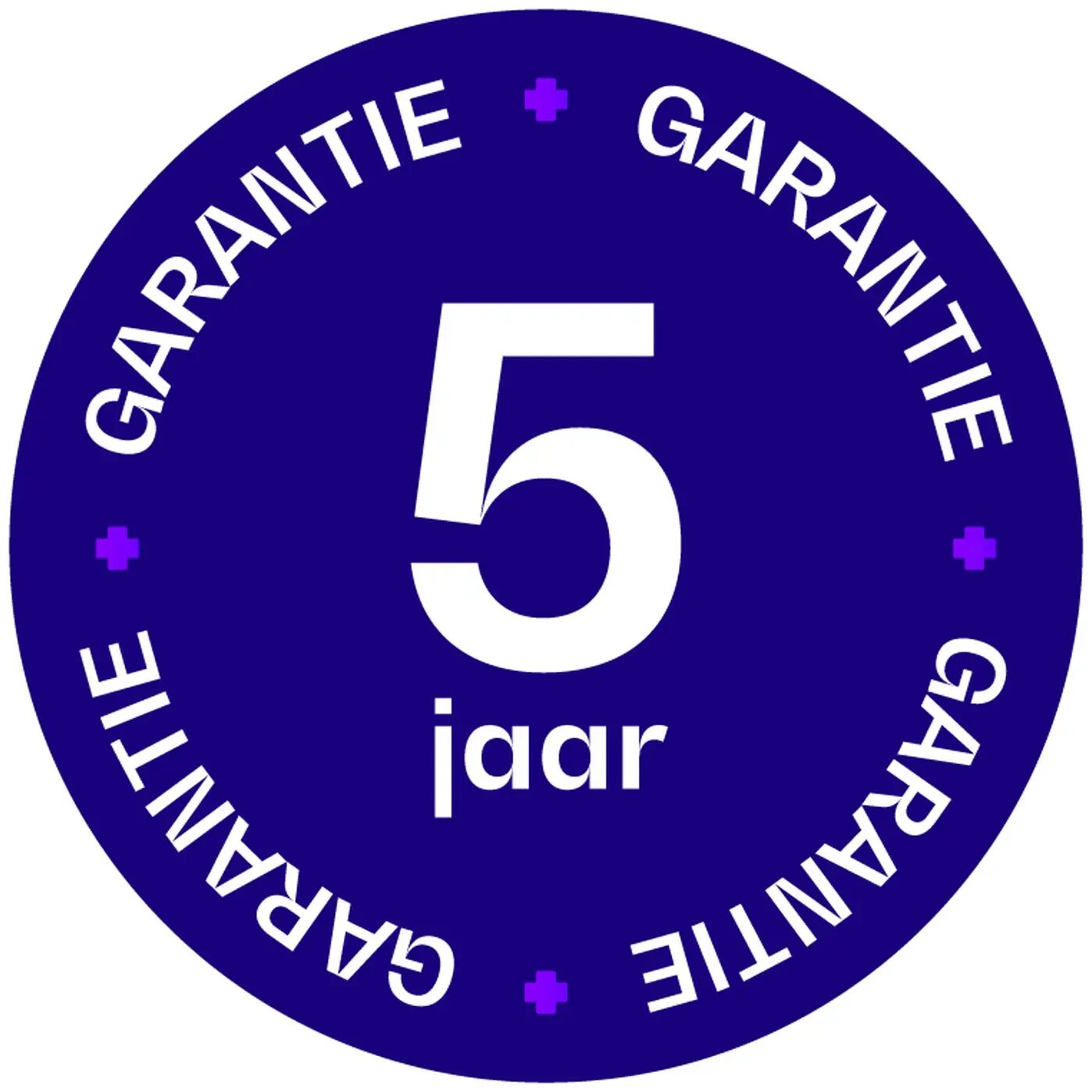 5 year guarantee on a dark blue circle with purple crosses.