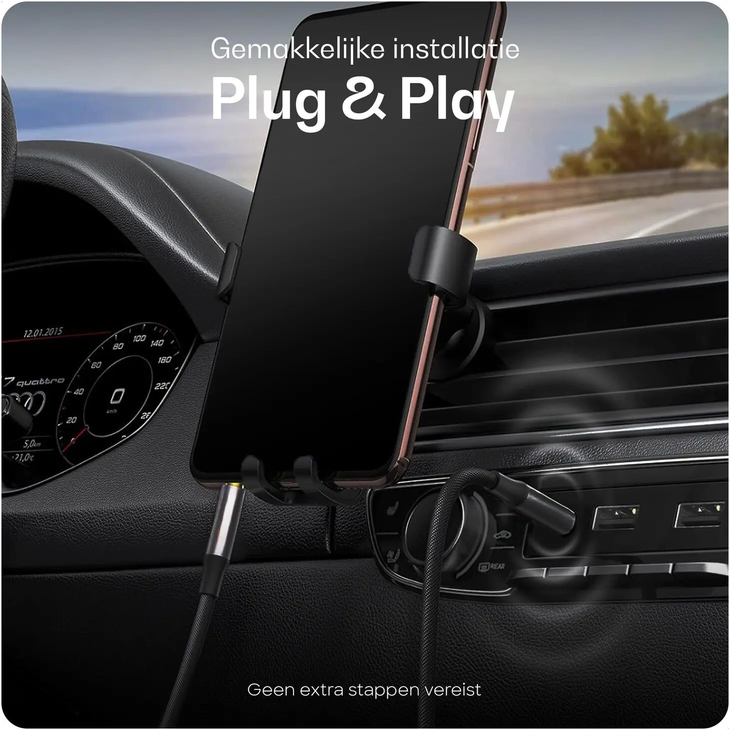 Smartphone car mount with charging cable plugged into car charger.