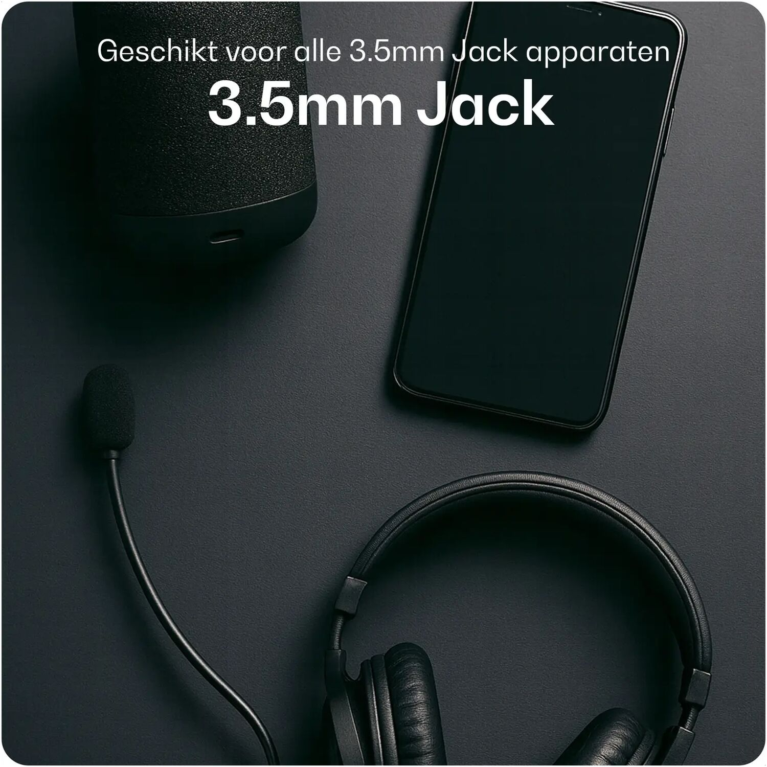 A smartphone, headphones with a mic, and a speaker on a black background.