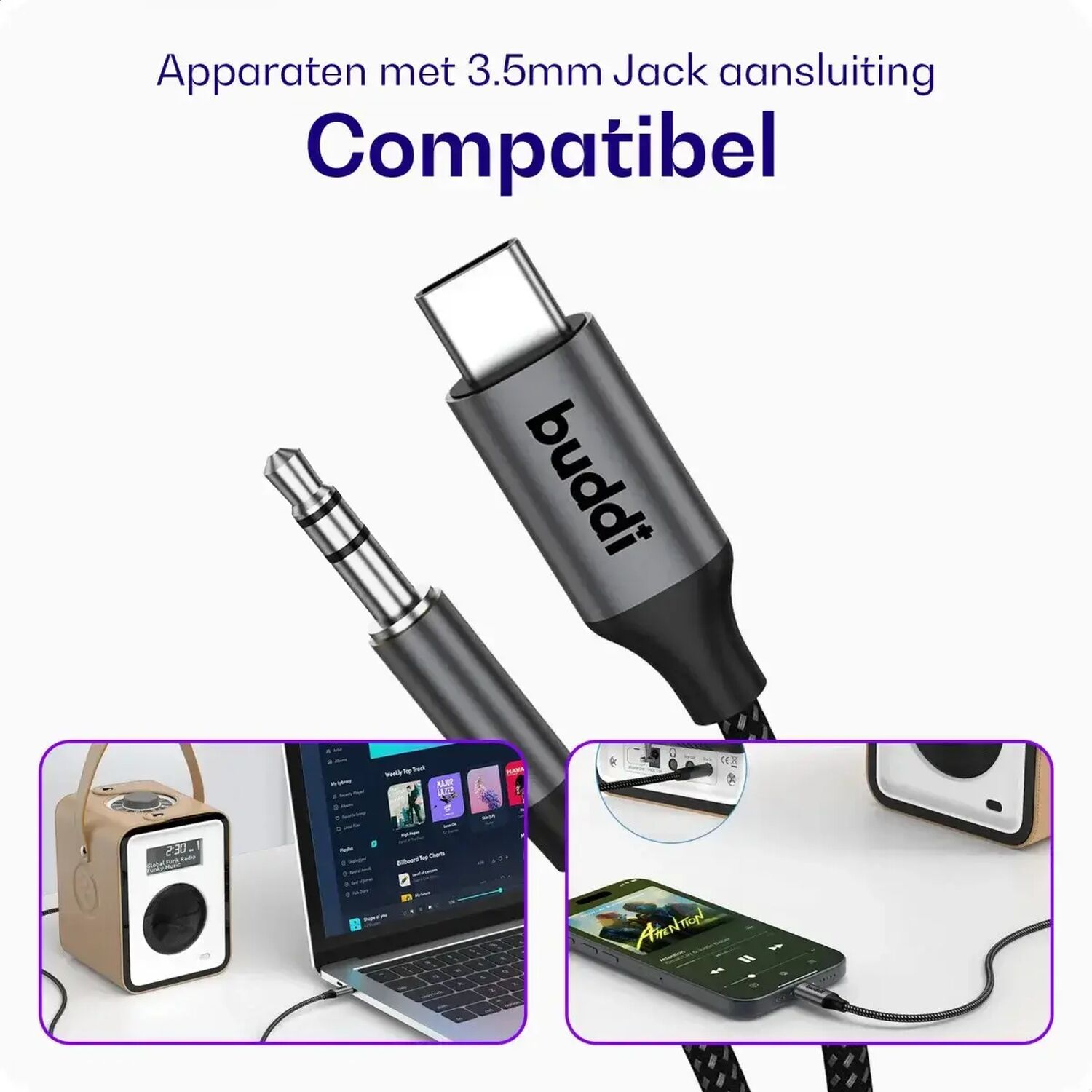 USB-C to 3.5mm jack cable connecting laptop/smartphone to devices.
