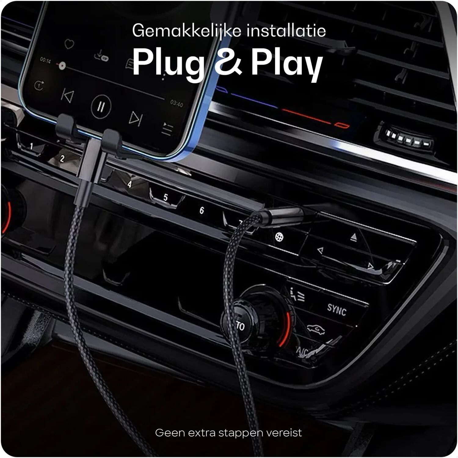 A smartphone is mounted in a car holder and connected by a cable.