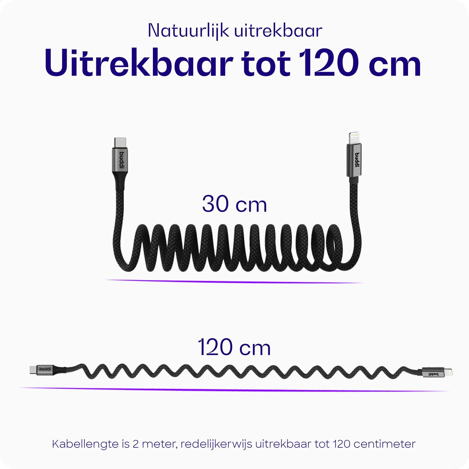 Zwart spiraalkabel, getoond op 30 cm en 120 cm lengte.