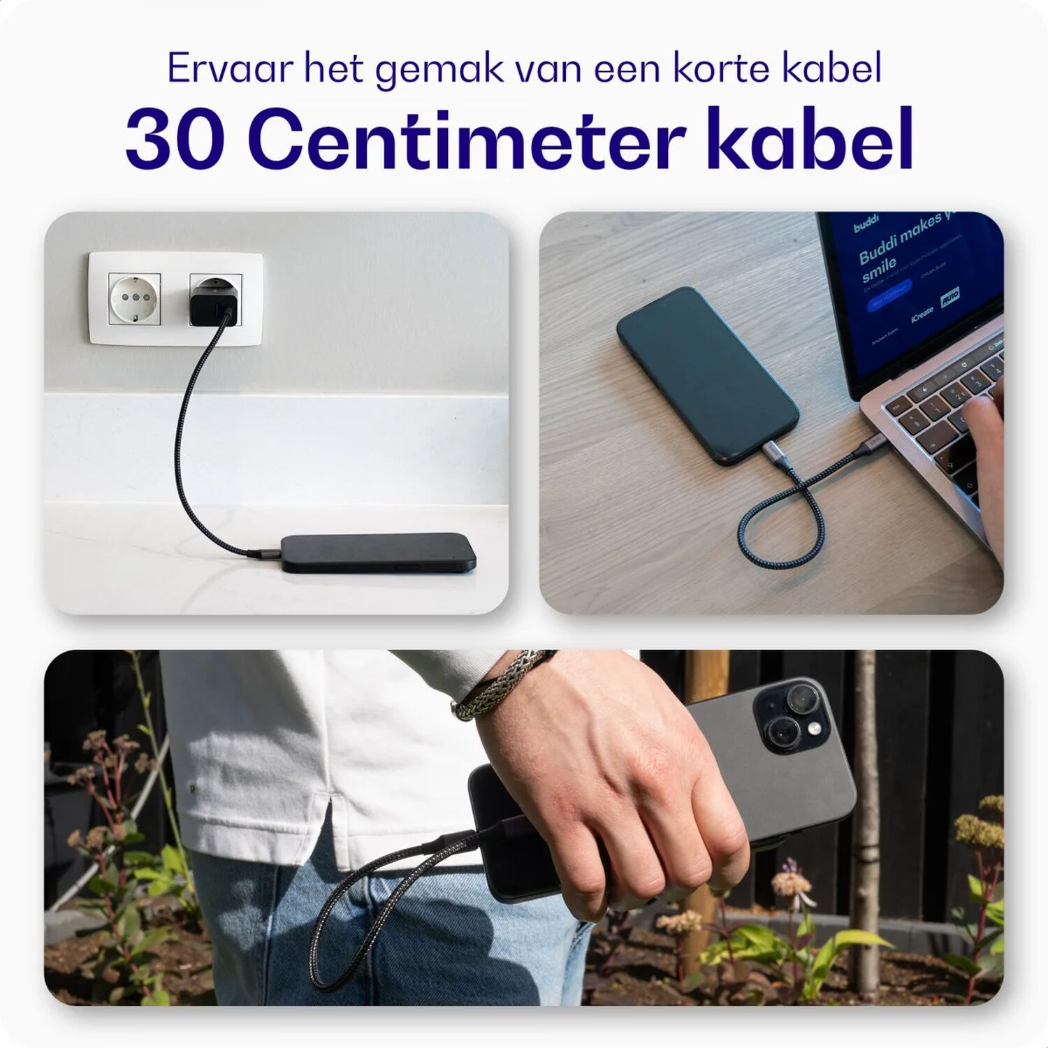 Een zwarte kabel verbindt een voedingsadapter met een stopcontact, smartphone en laptop.