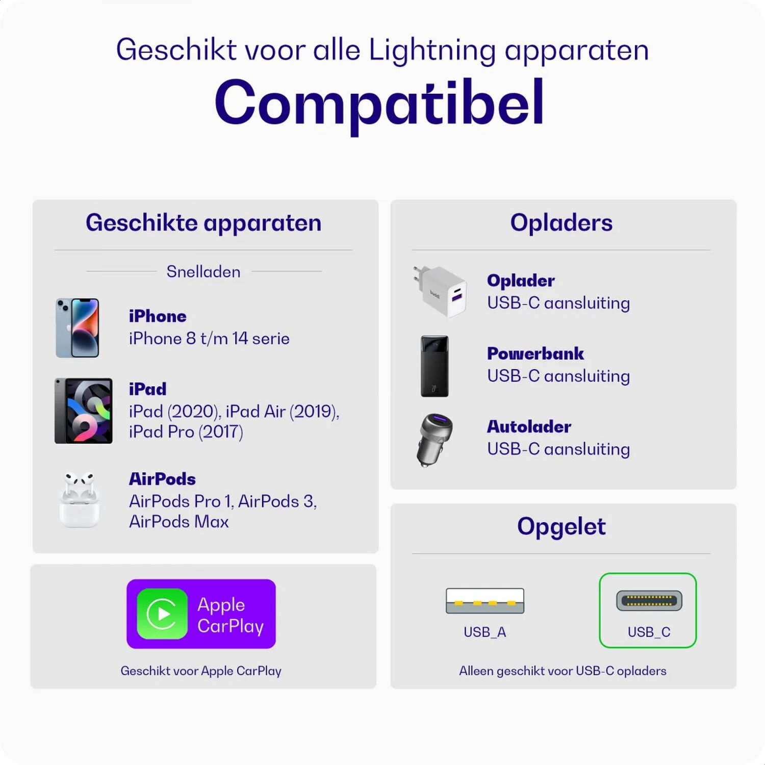 Compatibiliteitslijst voor Lightning-apparaten: iPhones, iPads, AirPods en Apple CarPlay.
