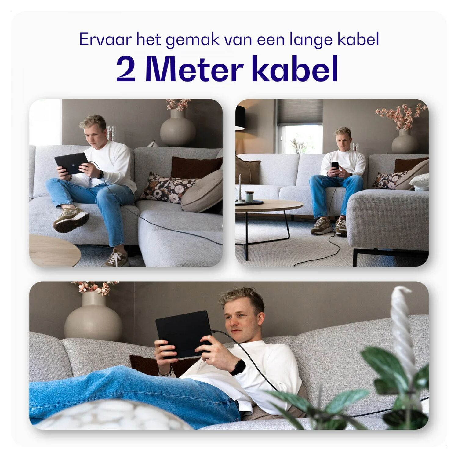 Man zit op bank en gebruikt tablet met lange kabel.