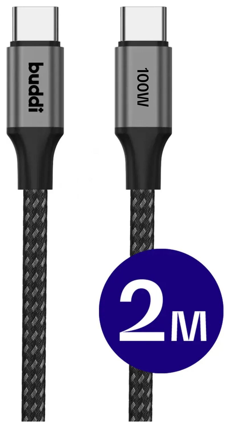 Twee USB-C kabels, 100W, 2m lang, met stoffen vlechtwerk.