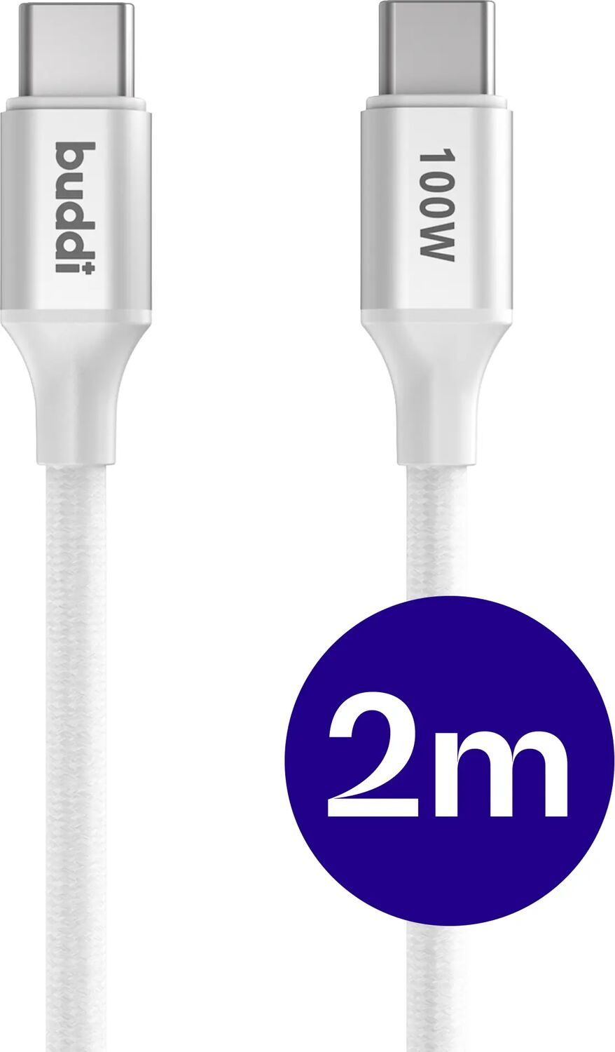 Twee witte USB-C kabels met zilveren connectoren, 100W, 2m.