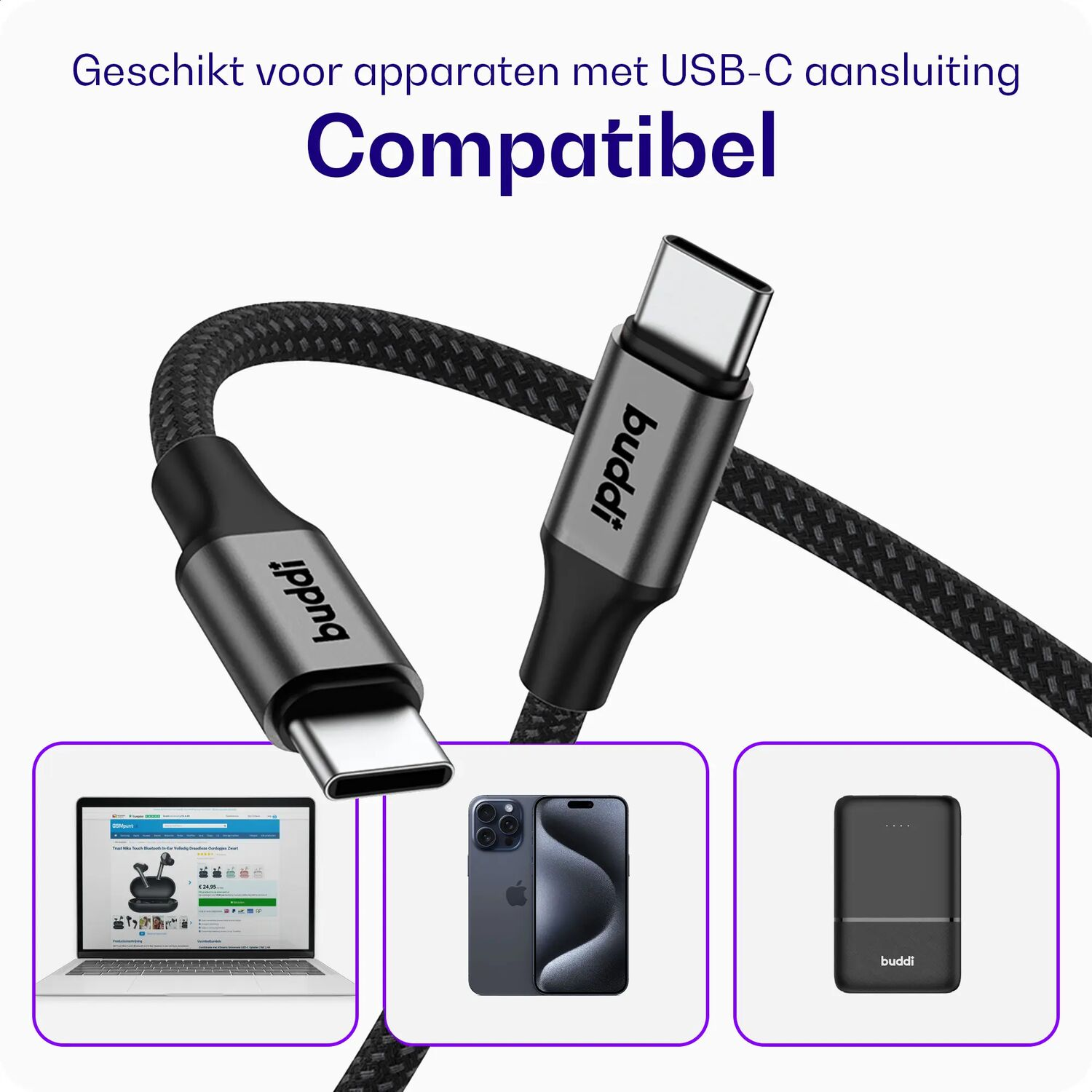 Een zwarte USB-C kabel met Budd logo. Een laptop, smartphone en powerbank zijn ernaast te zien.