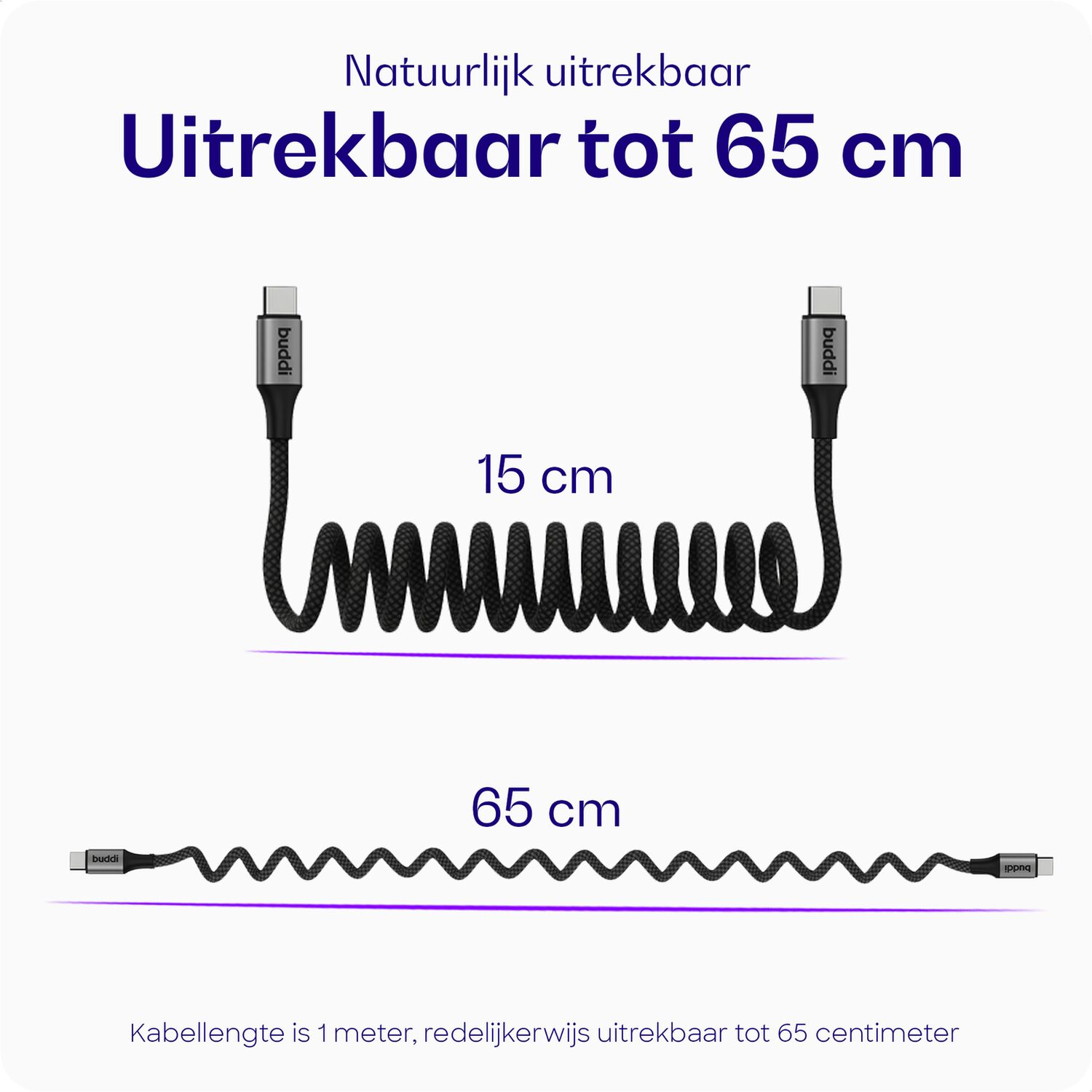 Een zwart spiraalkabel met USB-C aansluitingen, 15 cm en 65 cm lang.