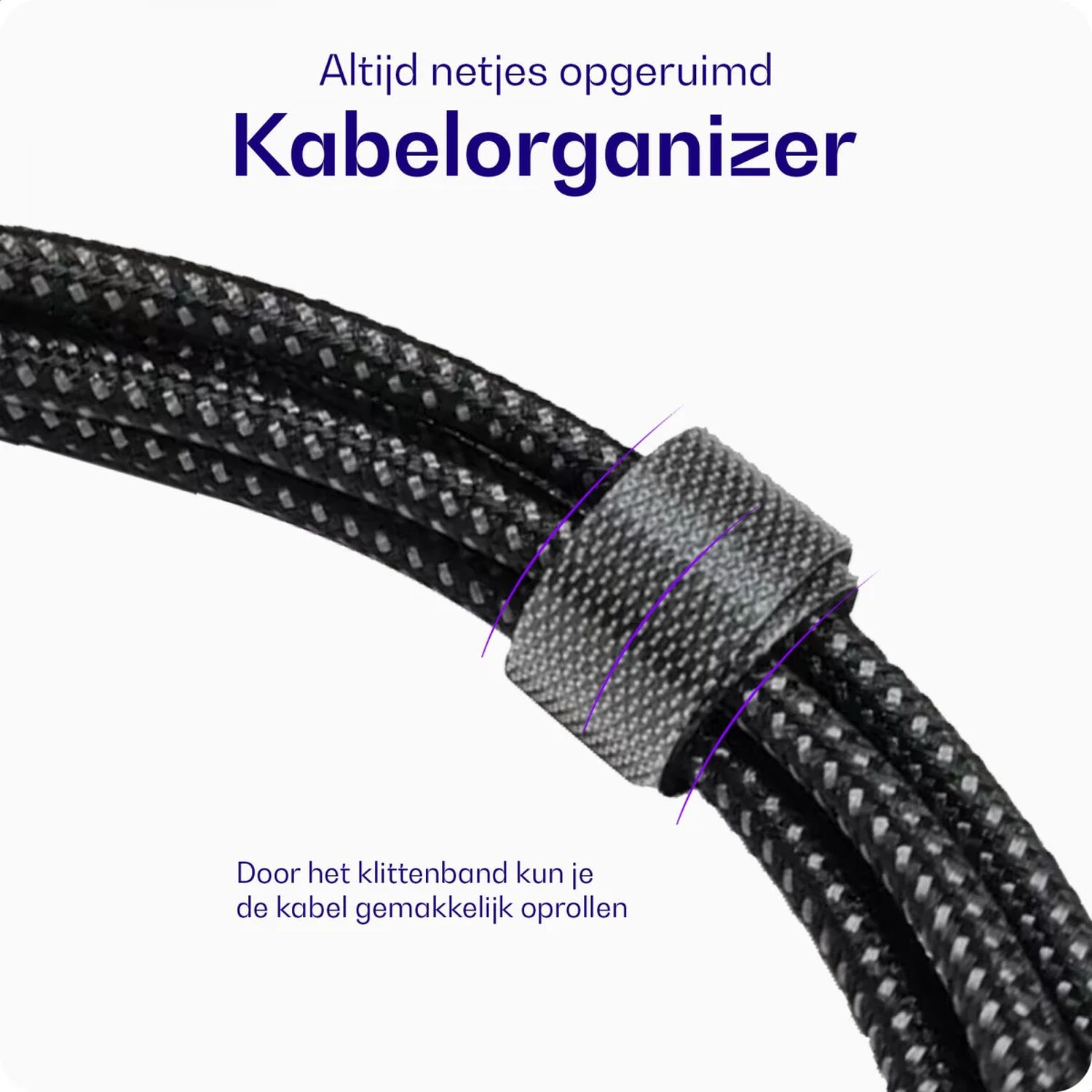 Zwarte kabelorganizer met klittenband om kabels netjes te houden.