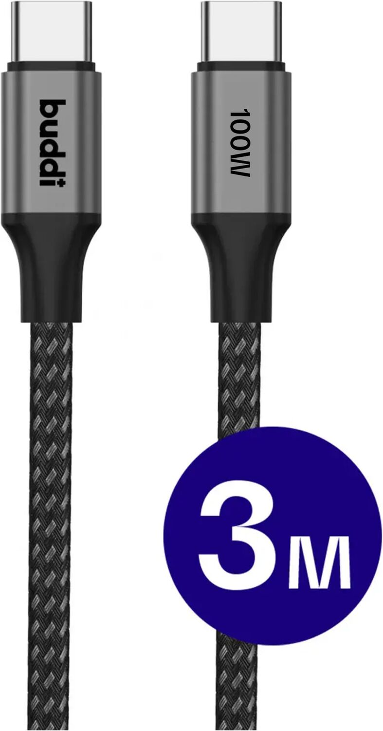 Twee zwarte USB-C kabels, 100W, 3m lengte aangegeven.