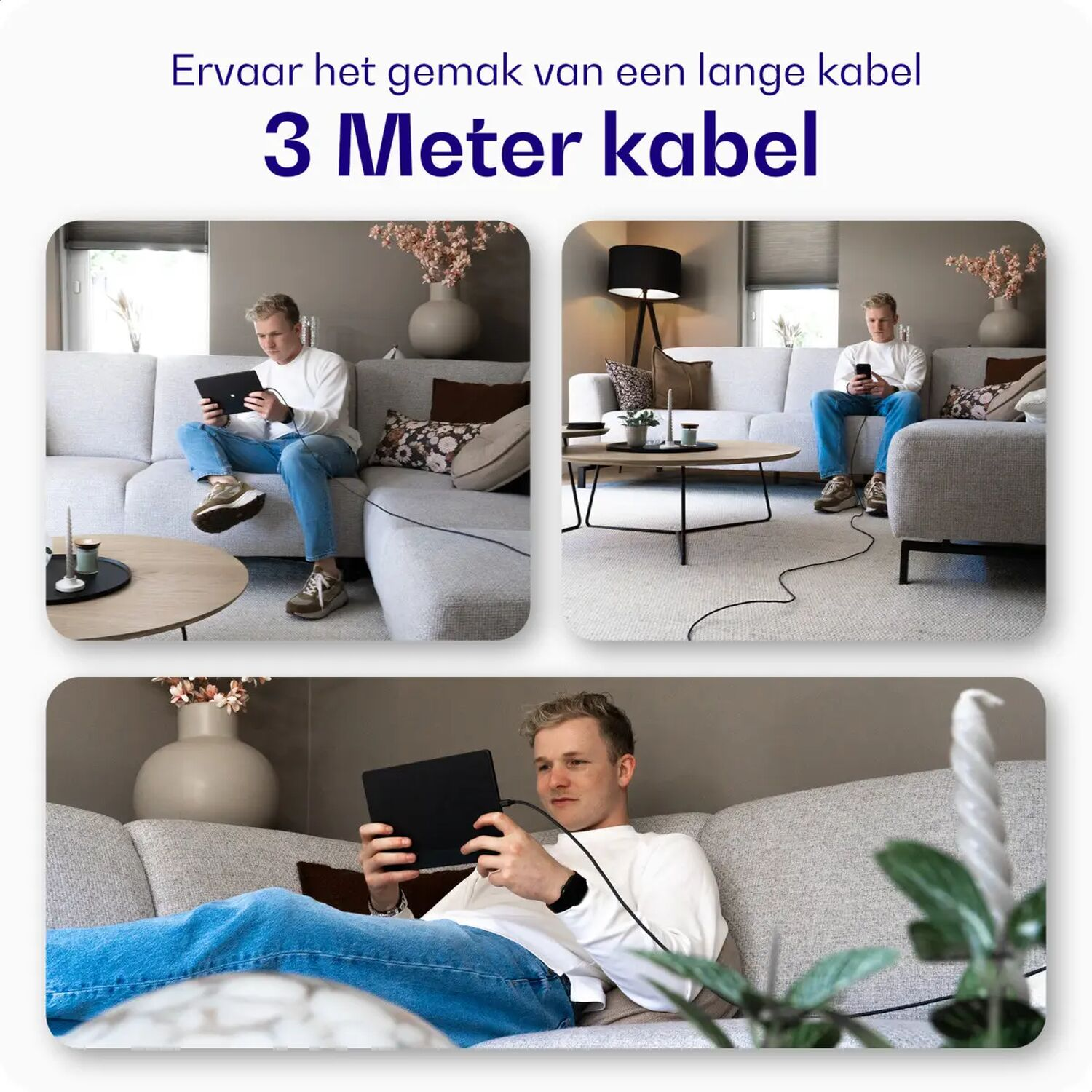 Man op bank met tablet verbonden door lange kabel.