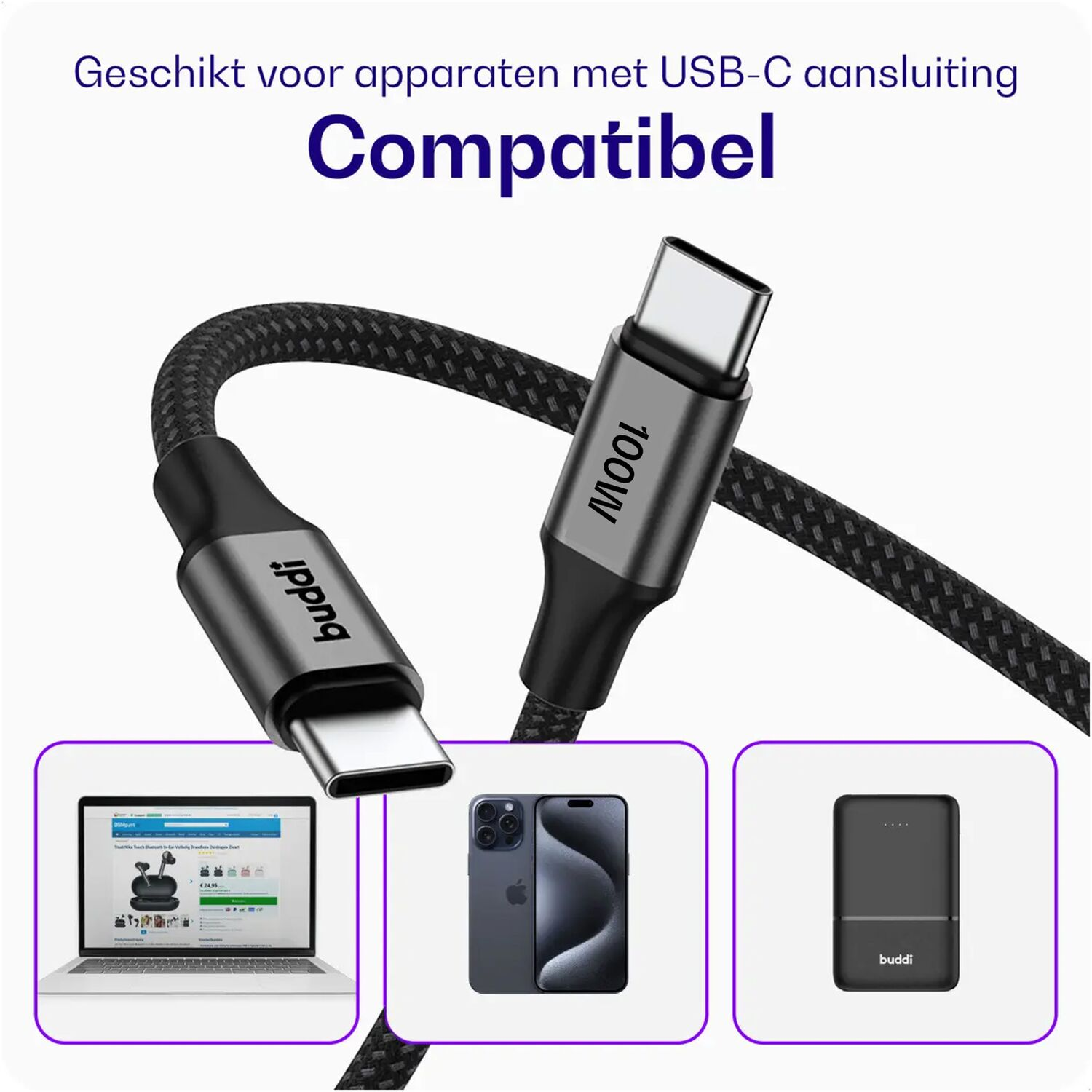 Een 100W USB-C kabel, compatibel met laptops, smartphones en powerbanks.
