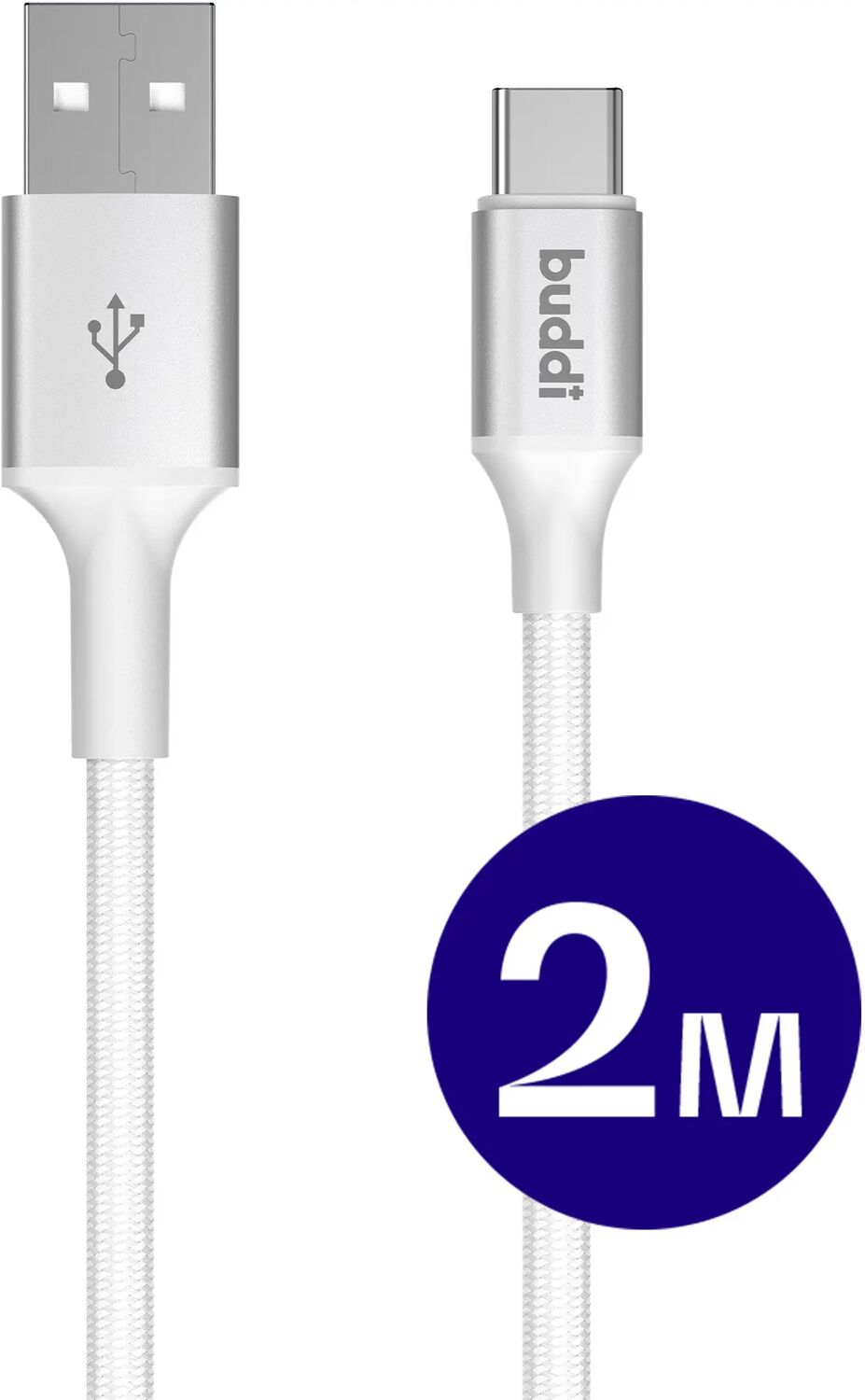 Een witte USB-A naar USB-C kabel met een blauwe cirkel van 2m.