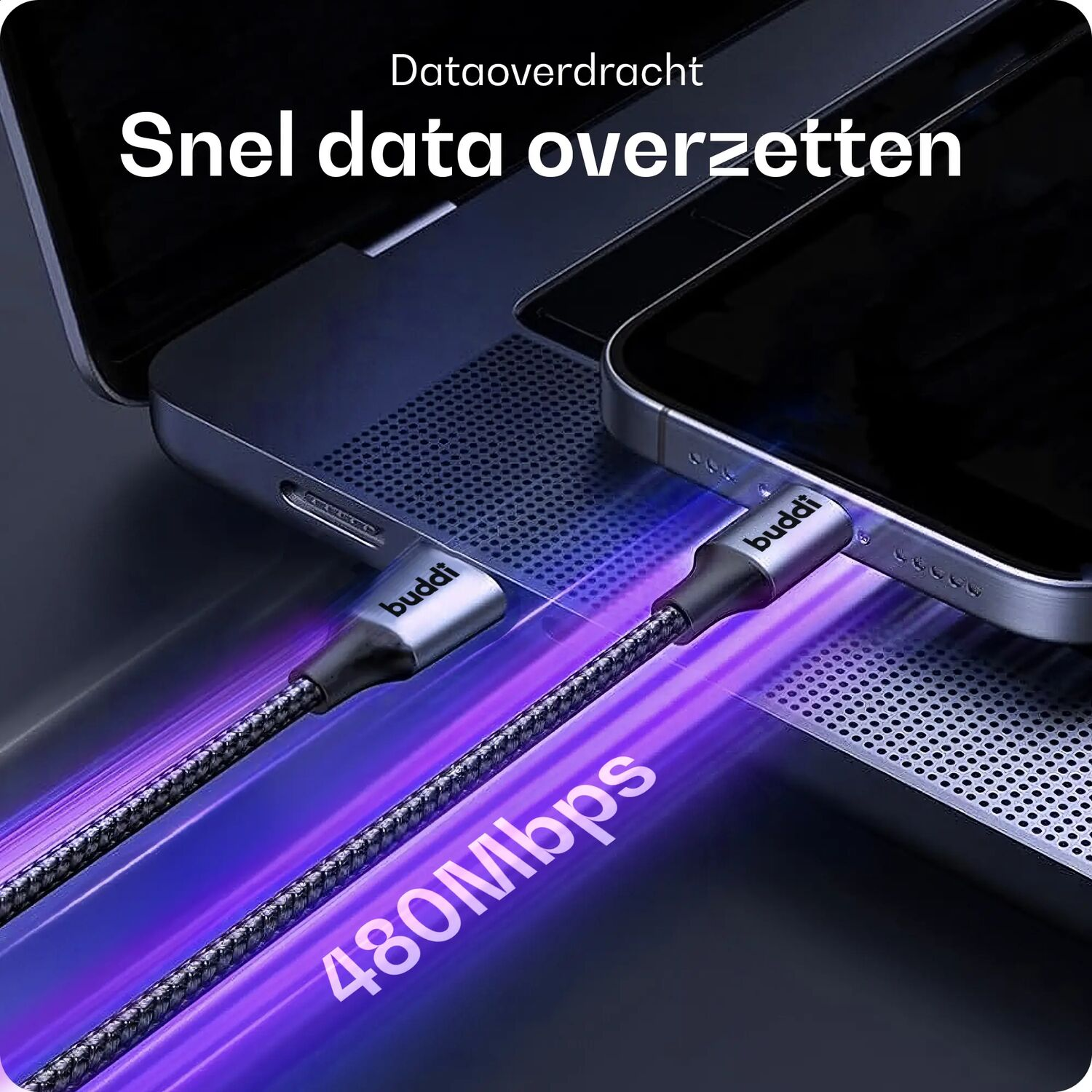 Twee Buddie kabels verbinden een smartphone en laptop. Gegevensoverdracht 480 Mbps.