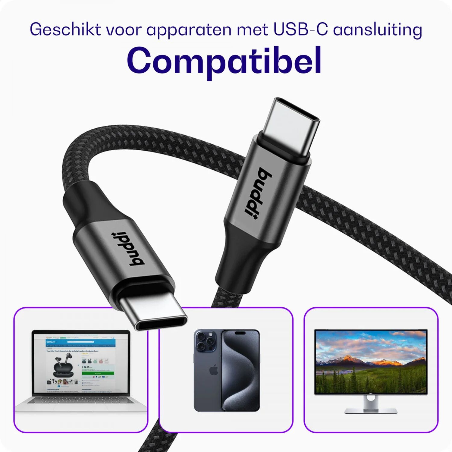 Een USB-C kabel compatibel met laptops, smartphones en monitors.