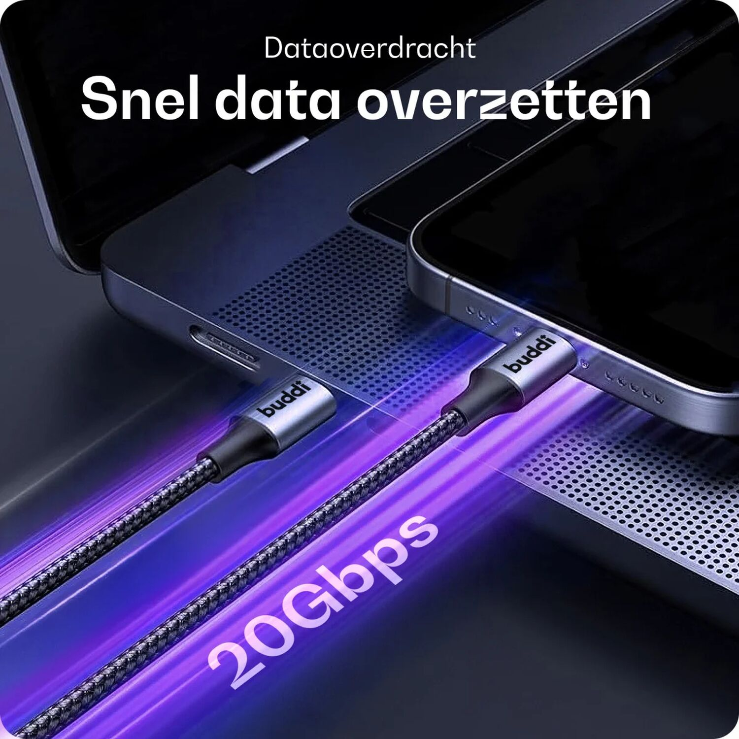 Twee zwarte Buddi kabels verbinden laptop en telefoon. 20Gbps tekst.