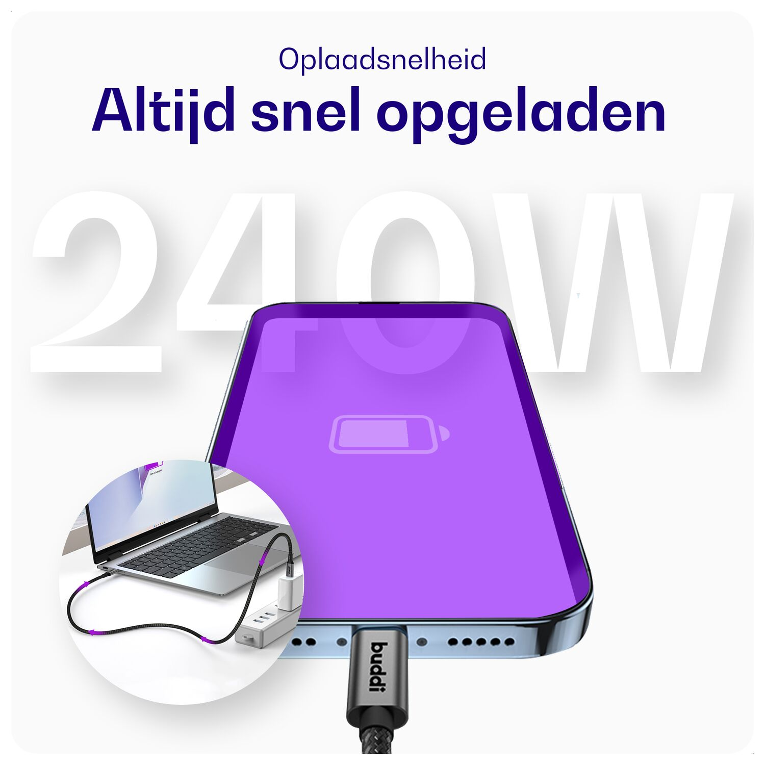 Een smartphone laadt op met 240W. Een laptop laadt via een adapter.
