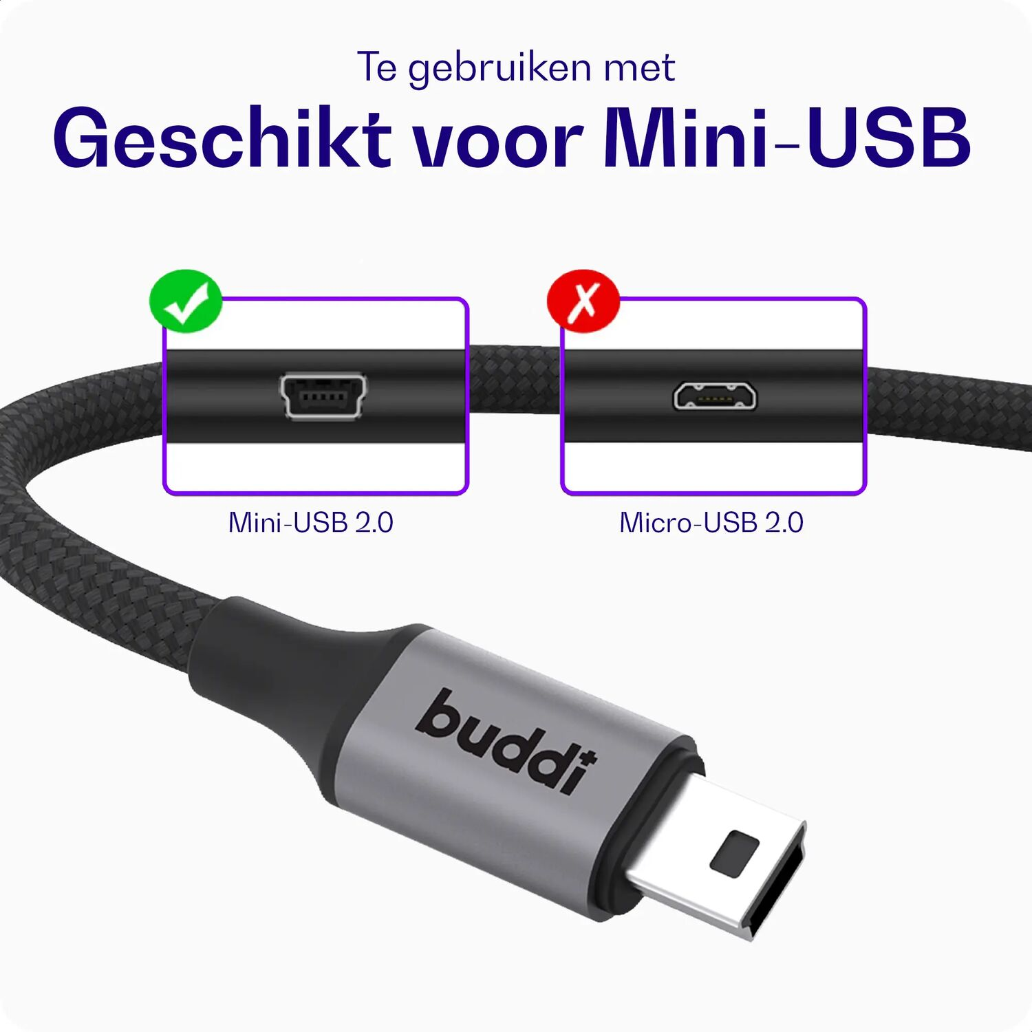 Een zwart kabel met zilveren connector toont Mini-USB 2.0 en Micro-USB 2.0.