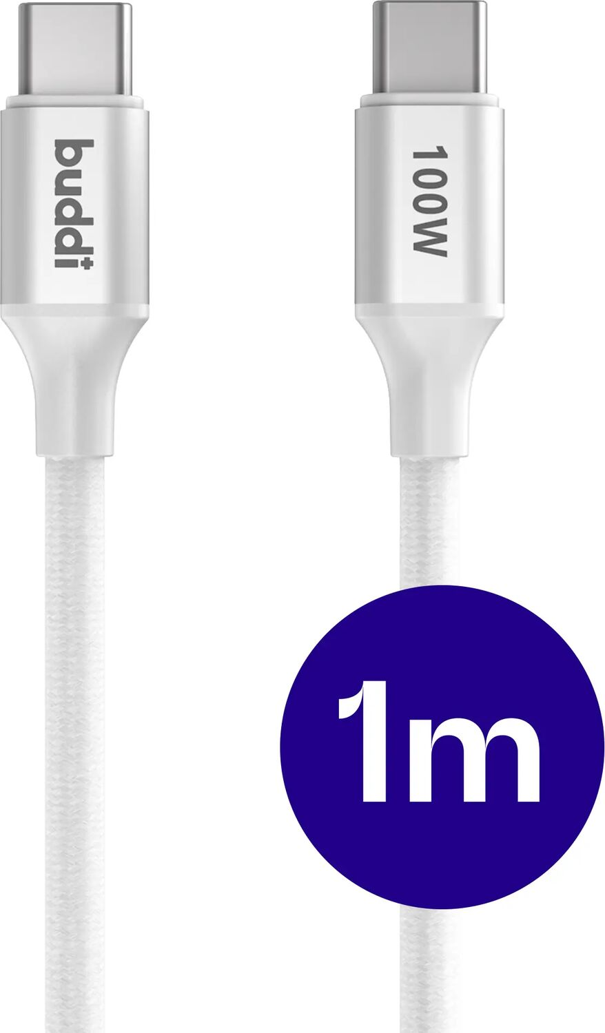 Witte USB-C kabel met 'buddi' logo en '100W' tekst. 1m lengte aangegeven.