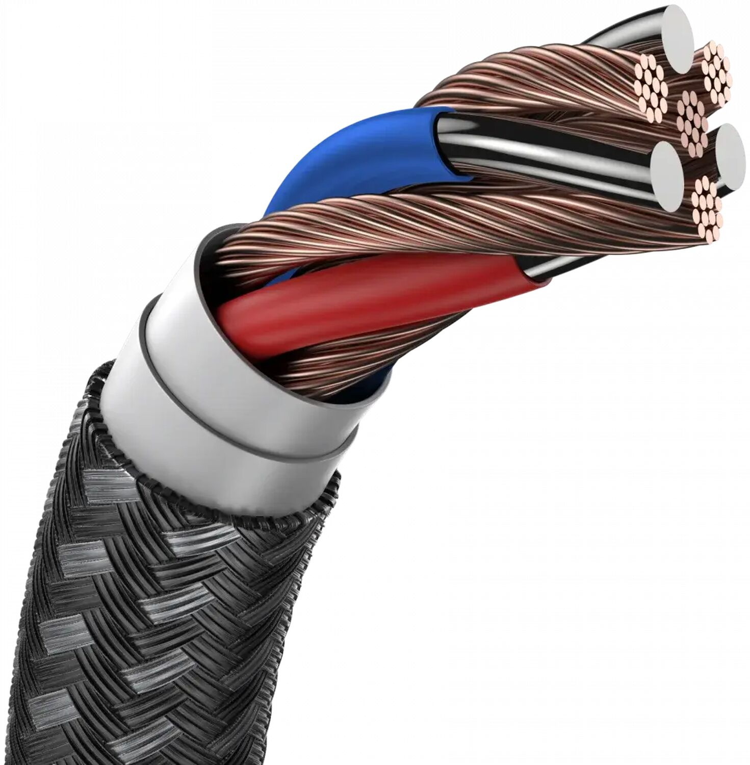 Een doorgesneden kabel met koperdraden, rode en blauwe isolatie en zwarte vlechting.