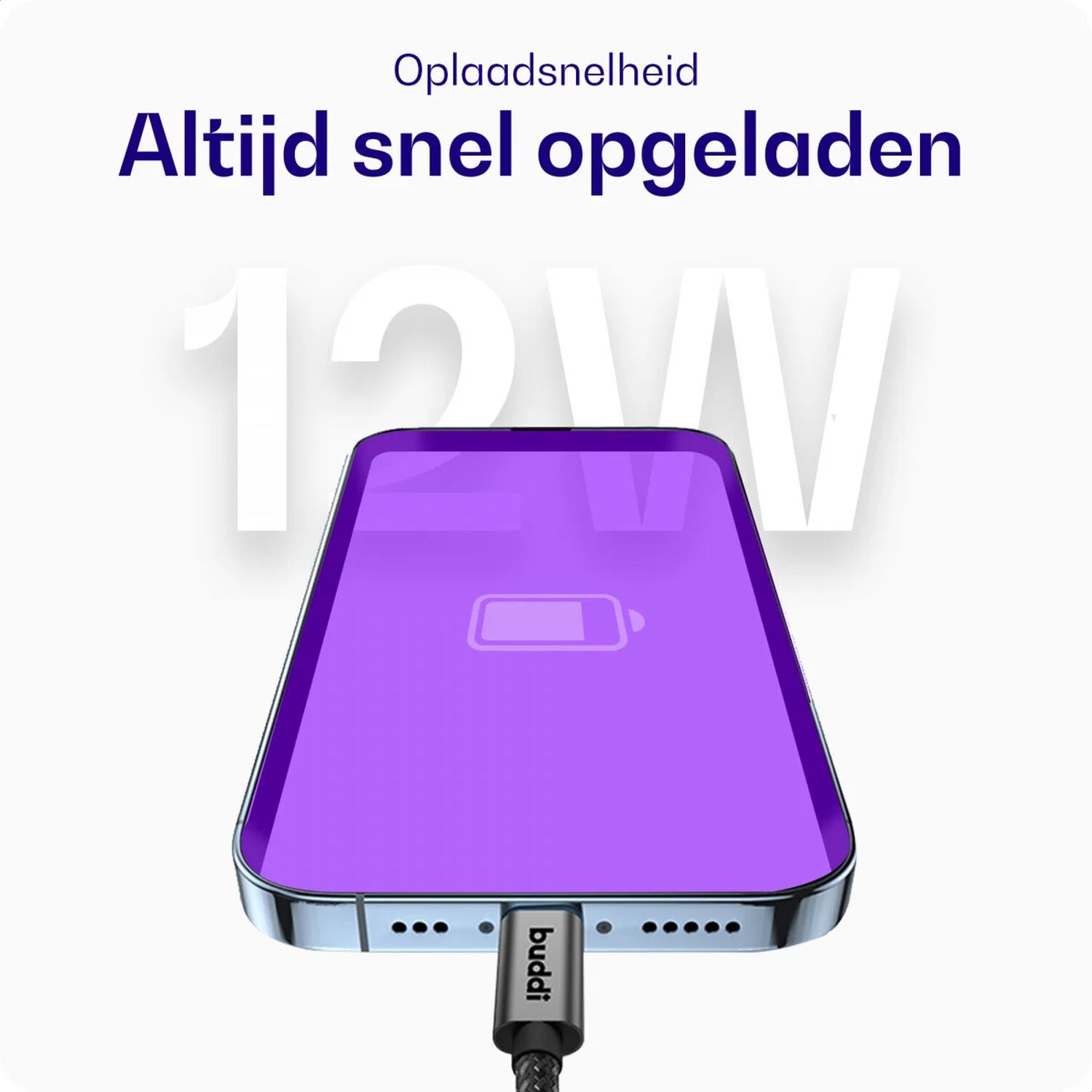 Paarse smartphone wordt opgeladen met 12W lader. Tekst: Oplaadsnelheid, Altijd snel opgeladen.