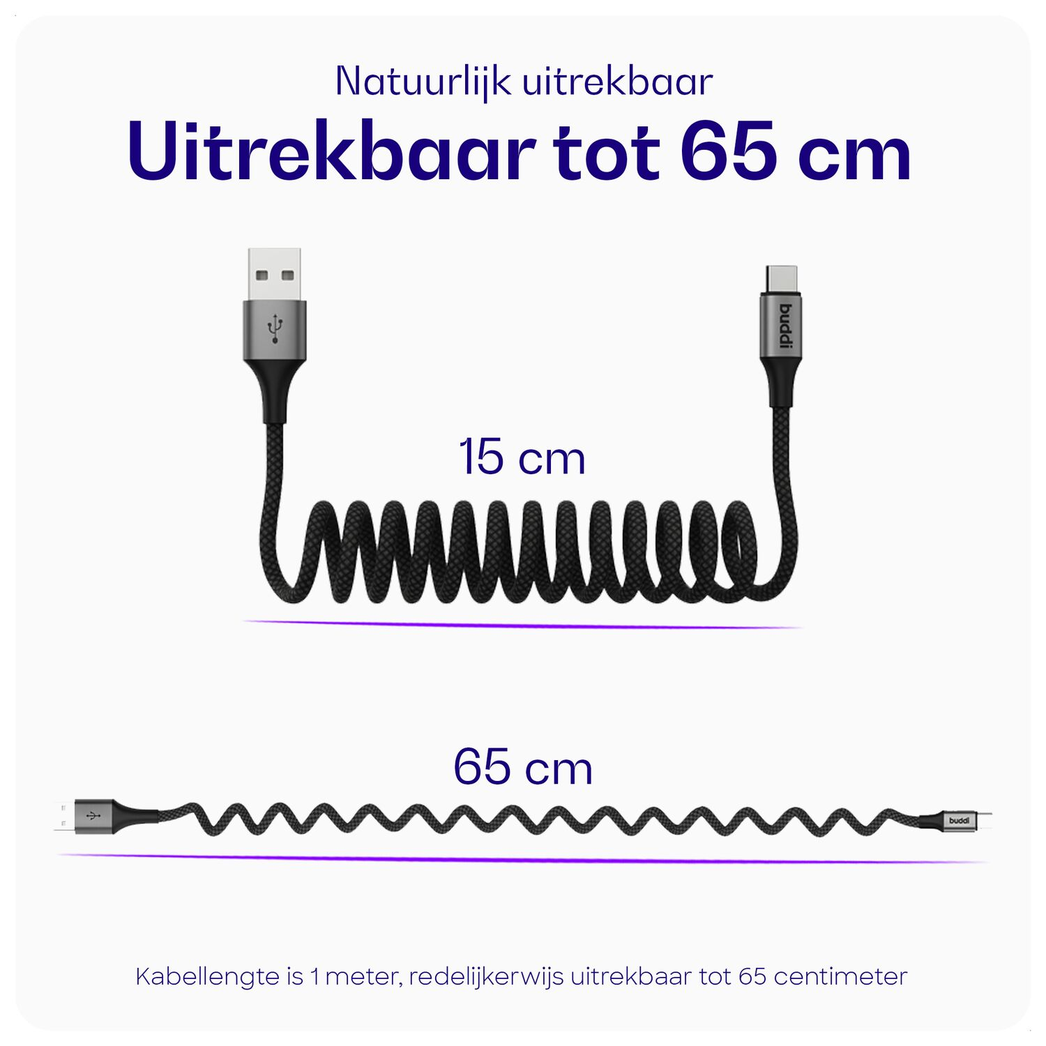 Een zwart spiraalvormig USB-kabel, uitrekbaar van 15 cm tot 65 cm.