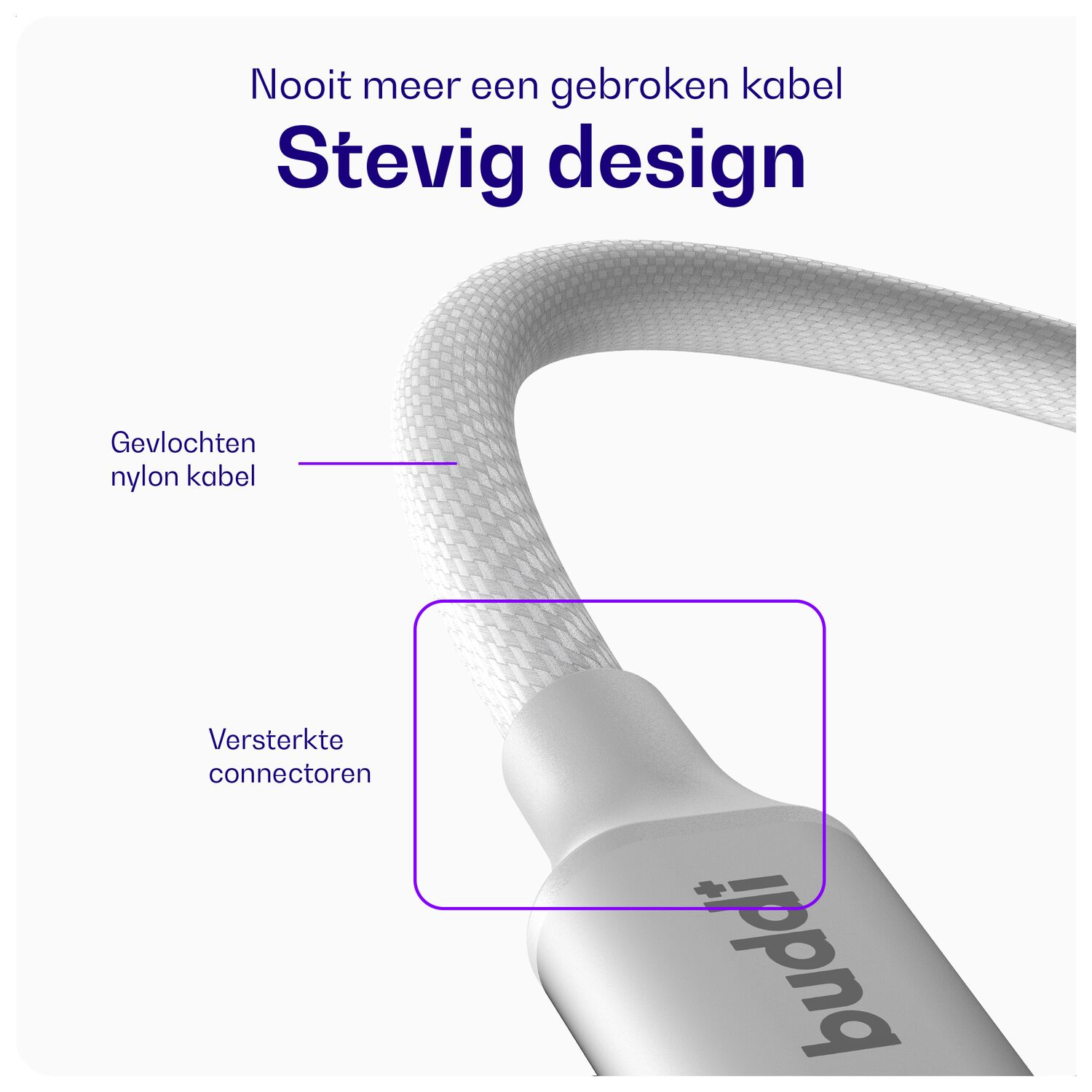 Een stevige oplaadkabel met gevlochten nylon en versterkte connectoren.