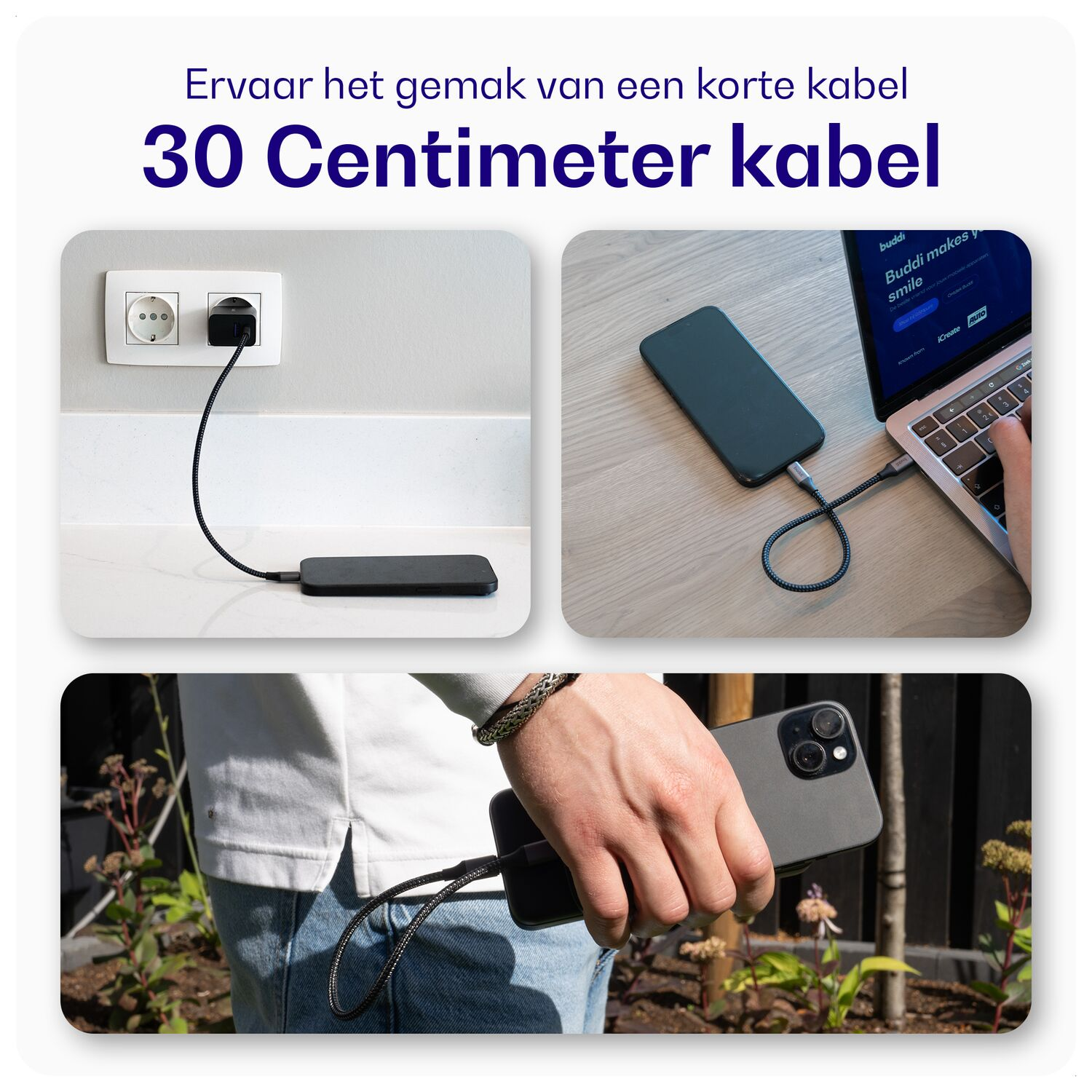 Een zwarte kabel laadt een telefoon op, verbonden met laptop en stopcontact.