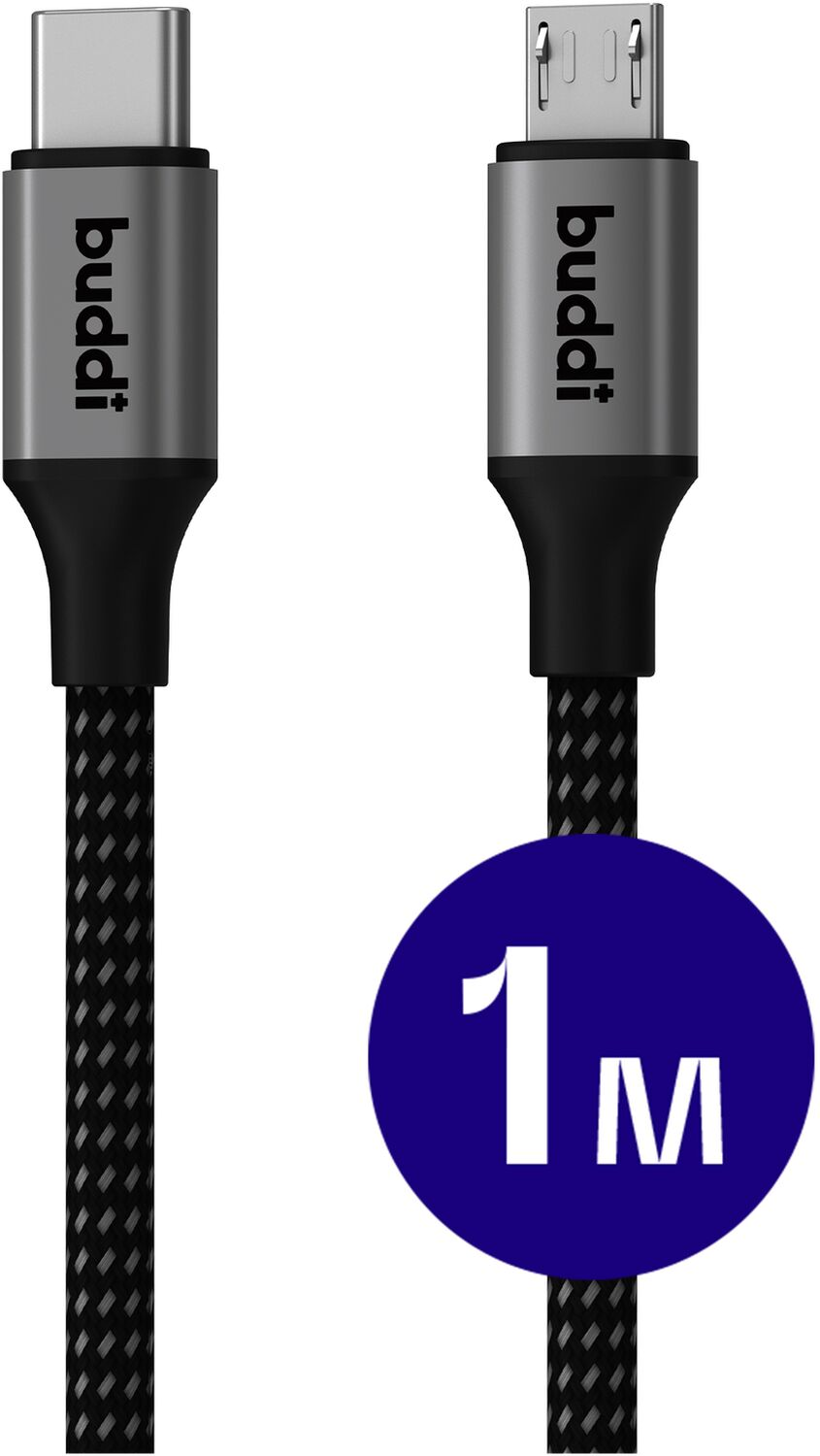 Twee "buddii" oplaadkabels, USB-C en Micro-USB, gemarkeerd 1m.