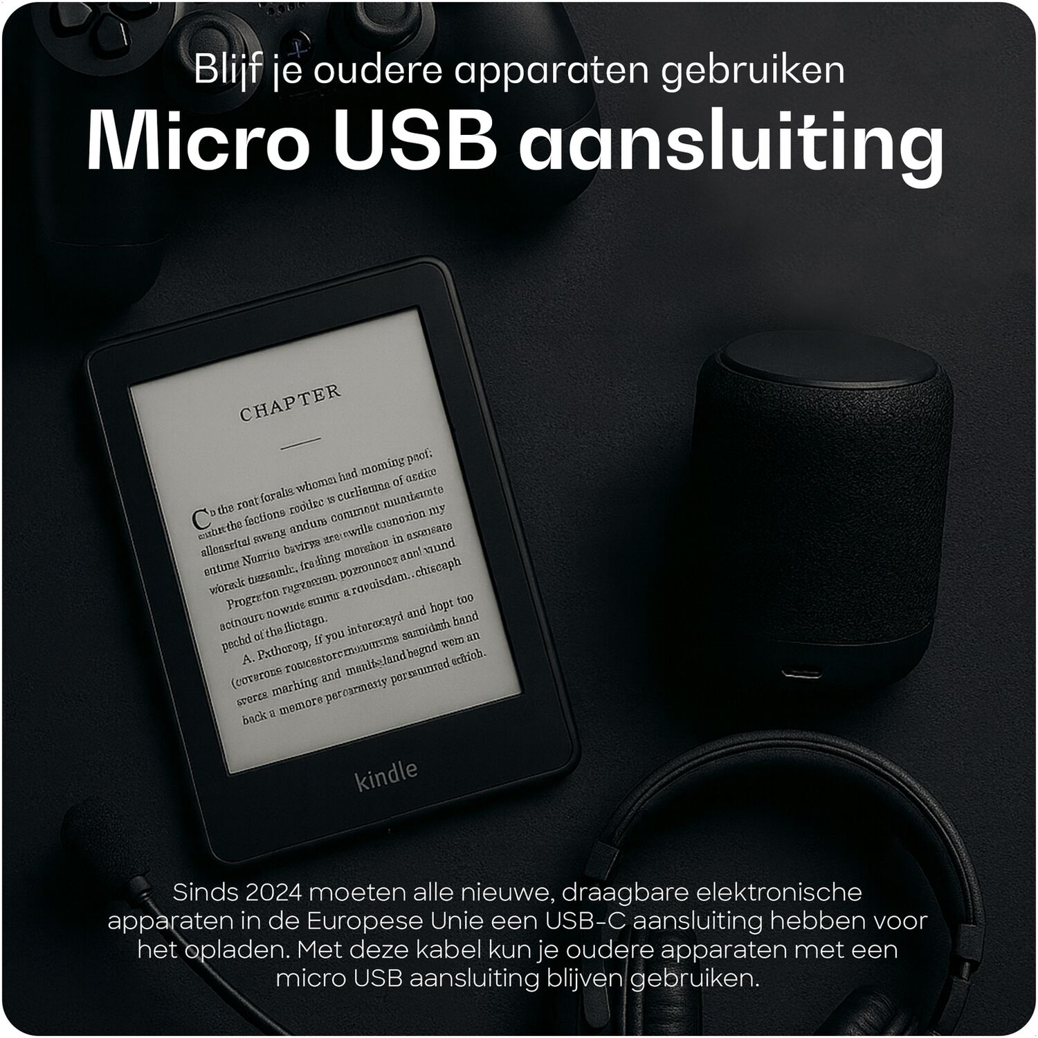 E-reader, koptelefoon en luidspreker op donkere achtergrond.
