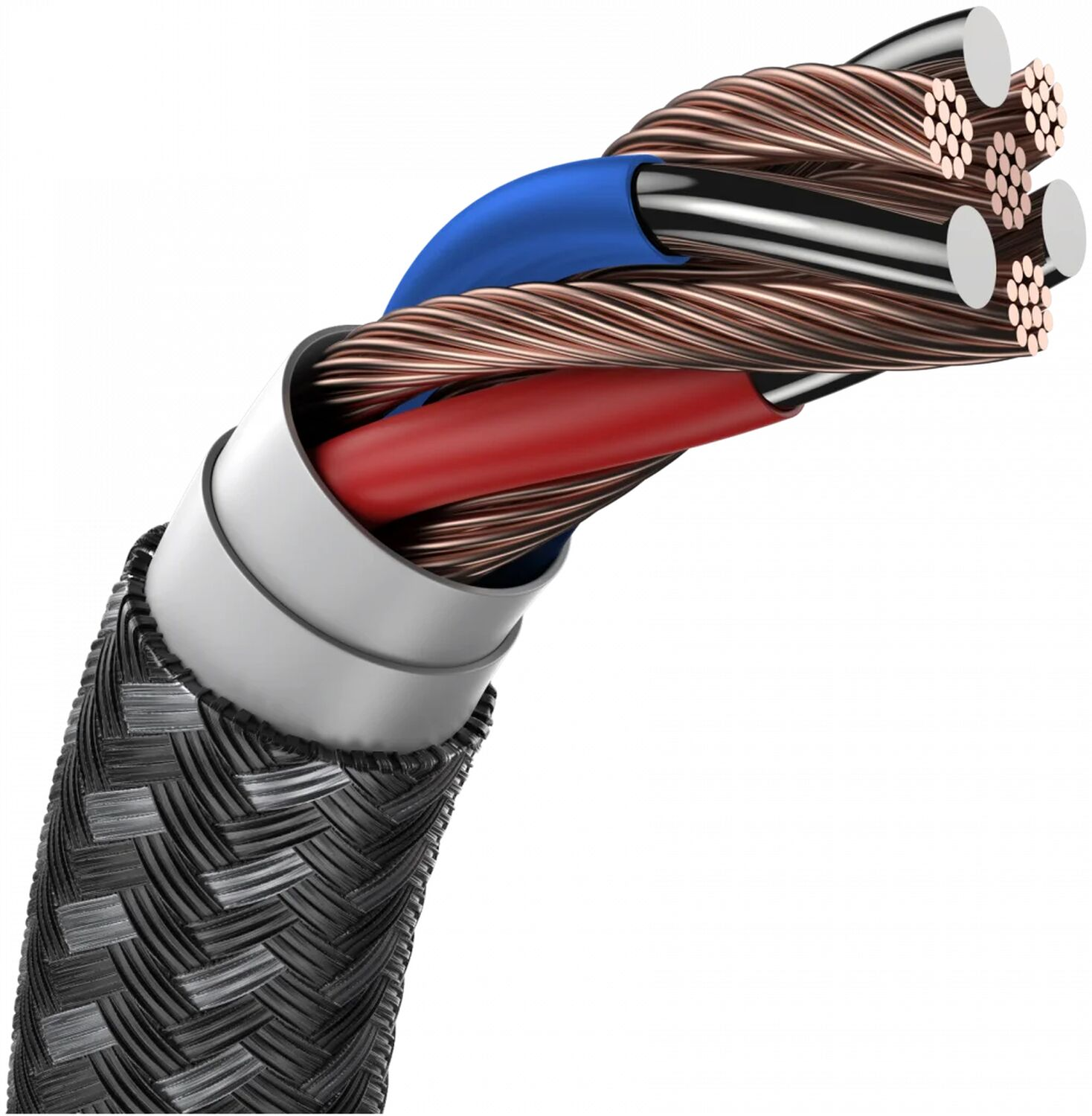 Een gevlochten kabel met rode en blauwe draden en blootliggende kopergeleiders.