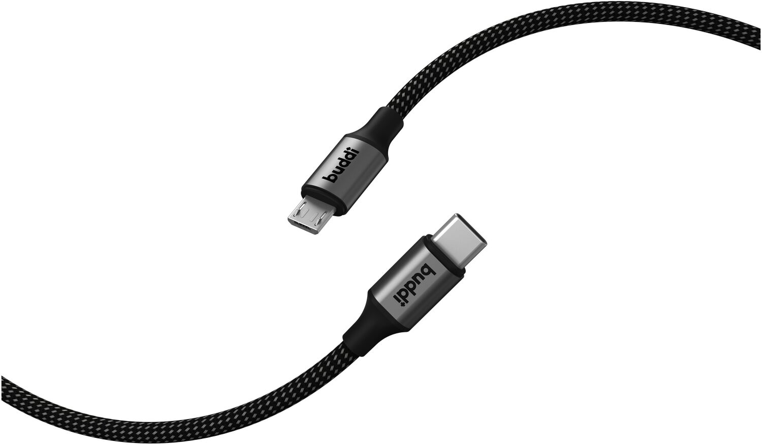 Zwart-grijs gevlochten kabel met micro-USB- en USB-C-connectoren.