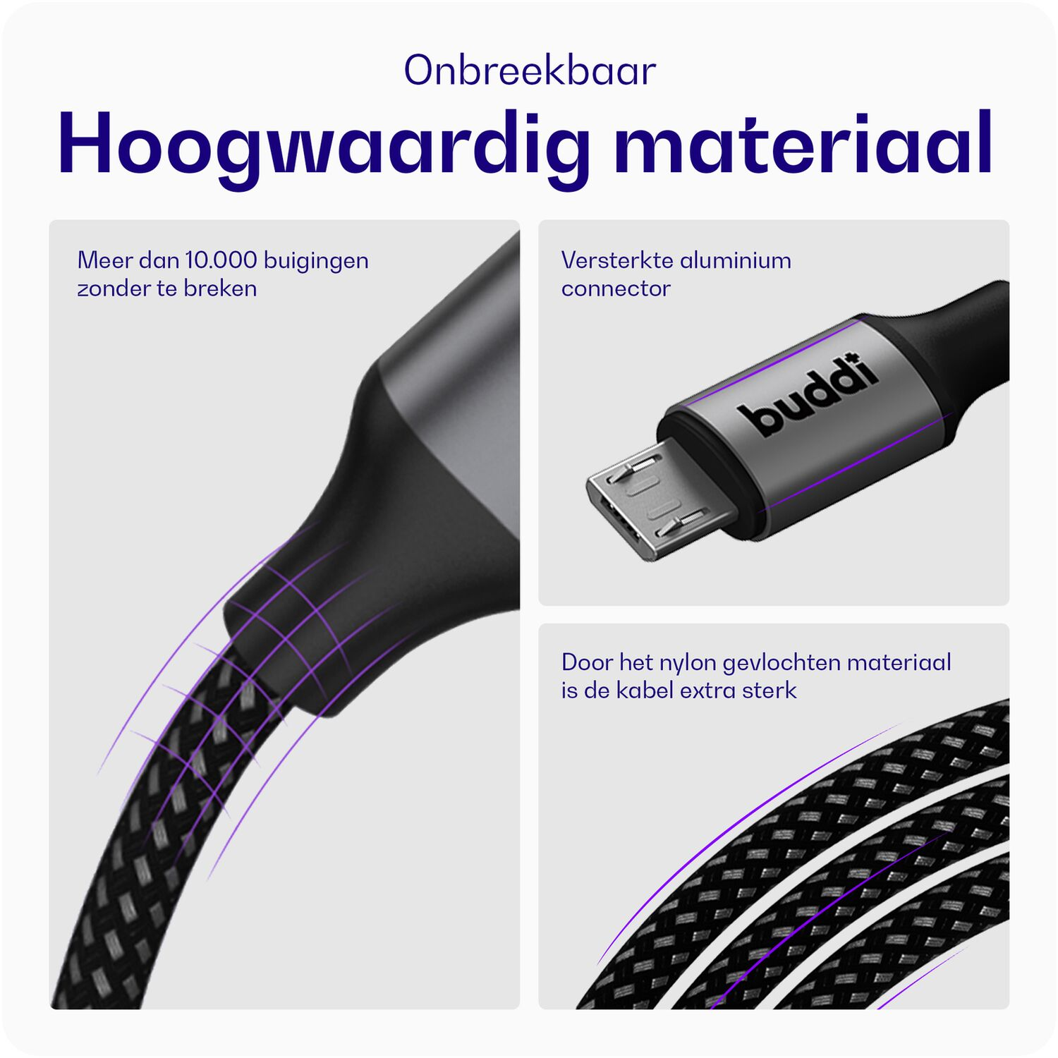 Hoogwaardig materiaal: Kabel met versterkte connector en nylon vlechtwerk.