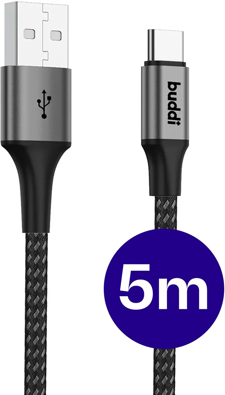 Grijze USB-C kabel met USB-A connector en 5m-icoon.