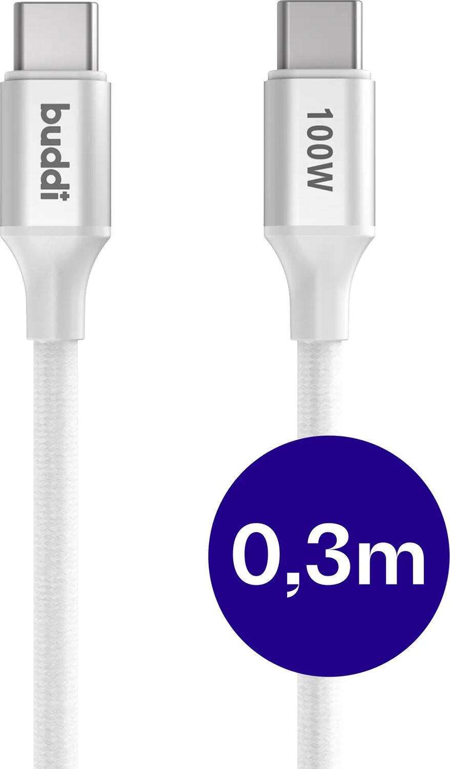 Twee witte USB-C kabels met zilveren connectoren. Eén met 'buddi'-logo.