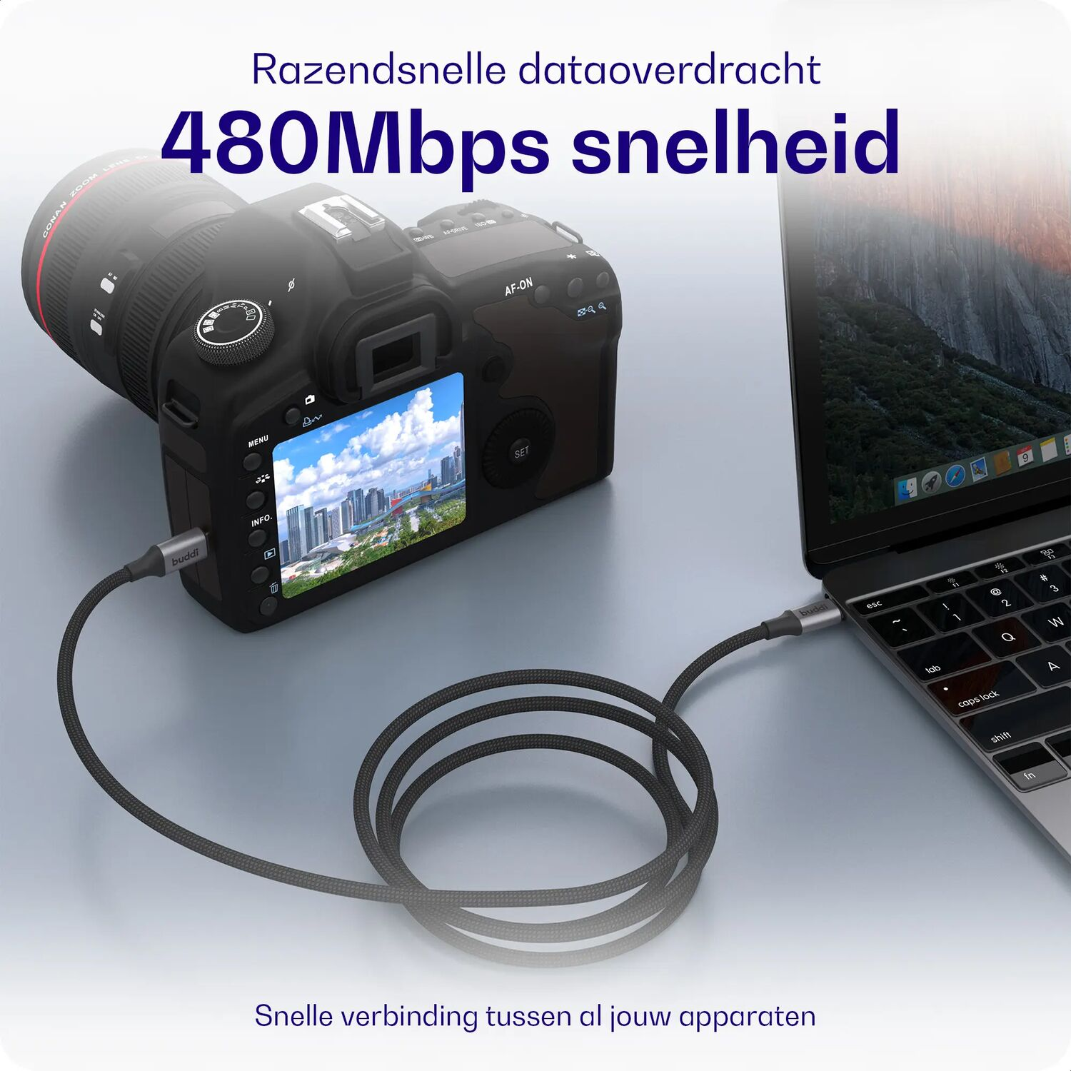 Een camera is via een grijze kabel verbonden met een laptop. Tekst vermeldt 480Mbps snelheid.