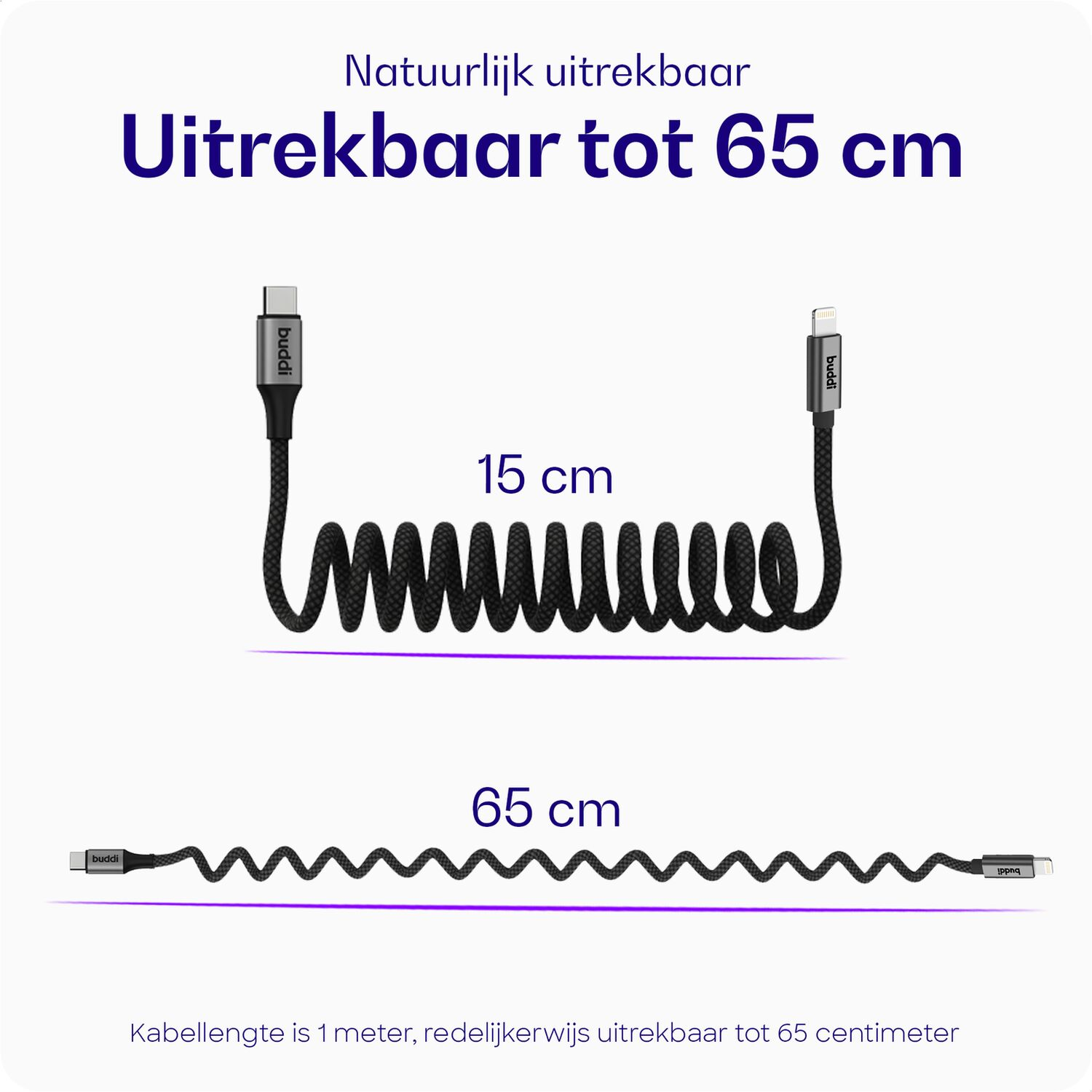 Een zwart spiraalkabel met USB-C en Lightning connectoren getoond op 15 cm en 65 cm.