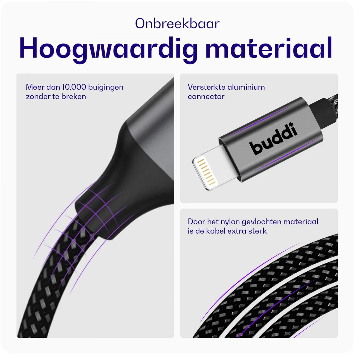 Hoogwaardig materiaal: Duurzaam kabel met aluminium connector, getest op meer dan 10.000 buigingen.