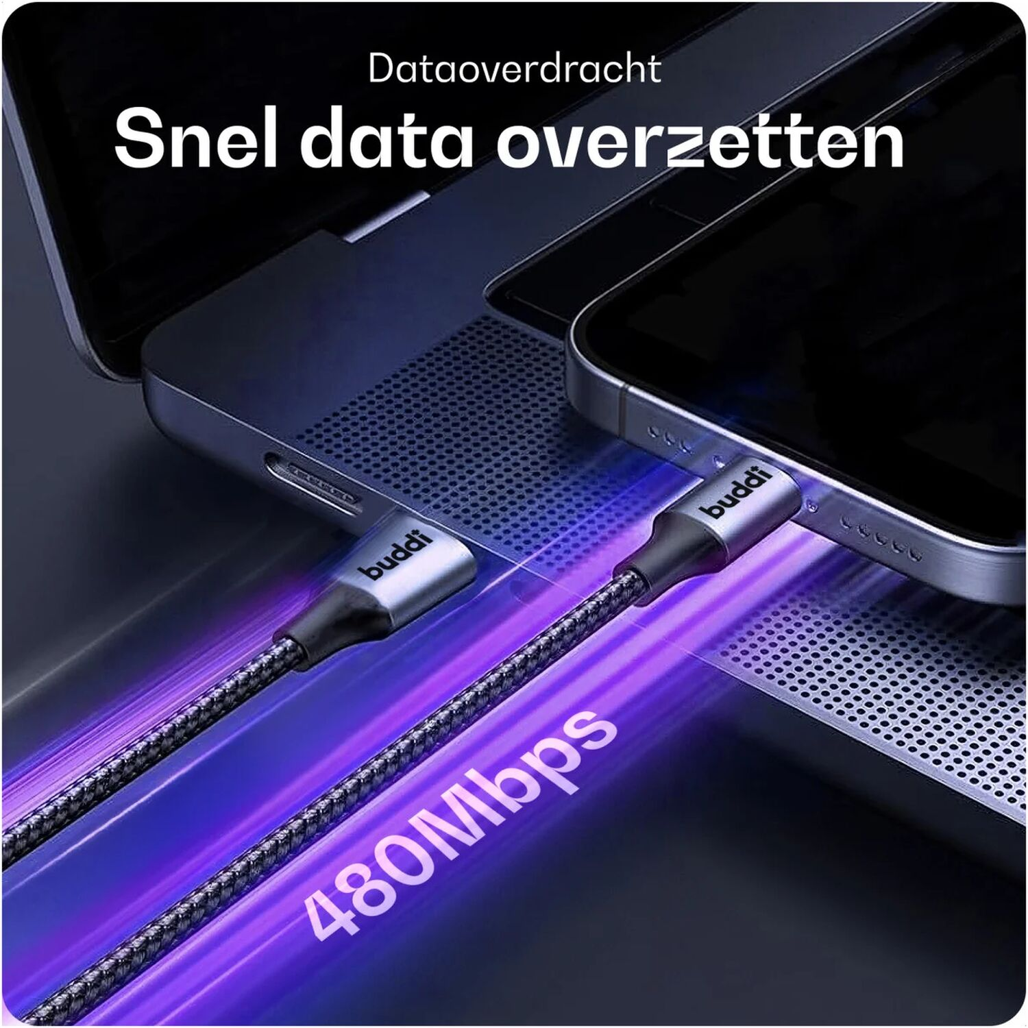 Twee Buddi oplaadkabels verbinden laptop en telefoon, tonen 480 Mbps snelheid.